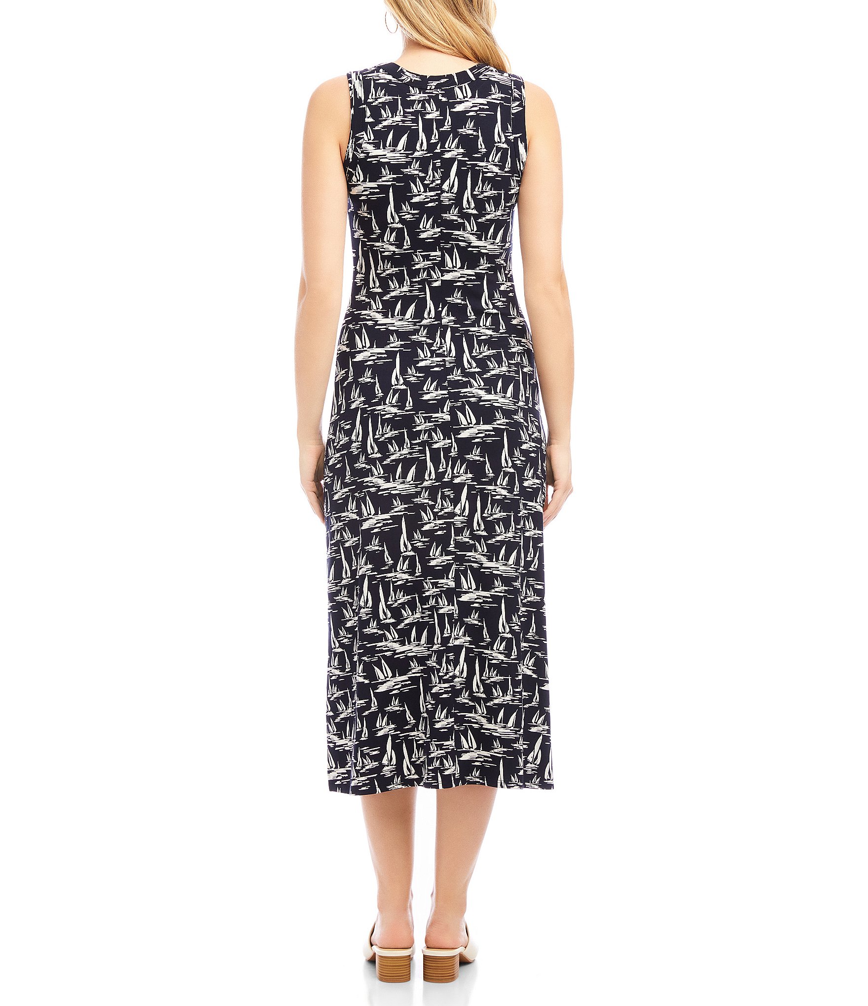 Karen Kane Sailboat Print V-Neck Sleeveless Midi Dress