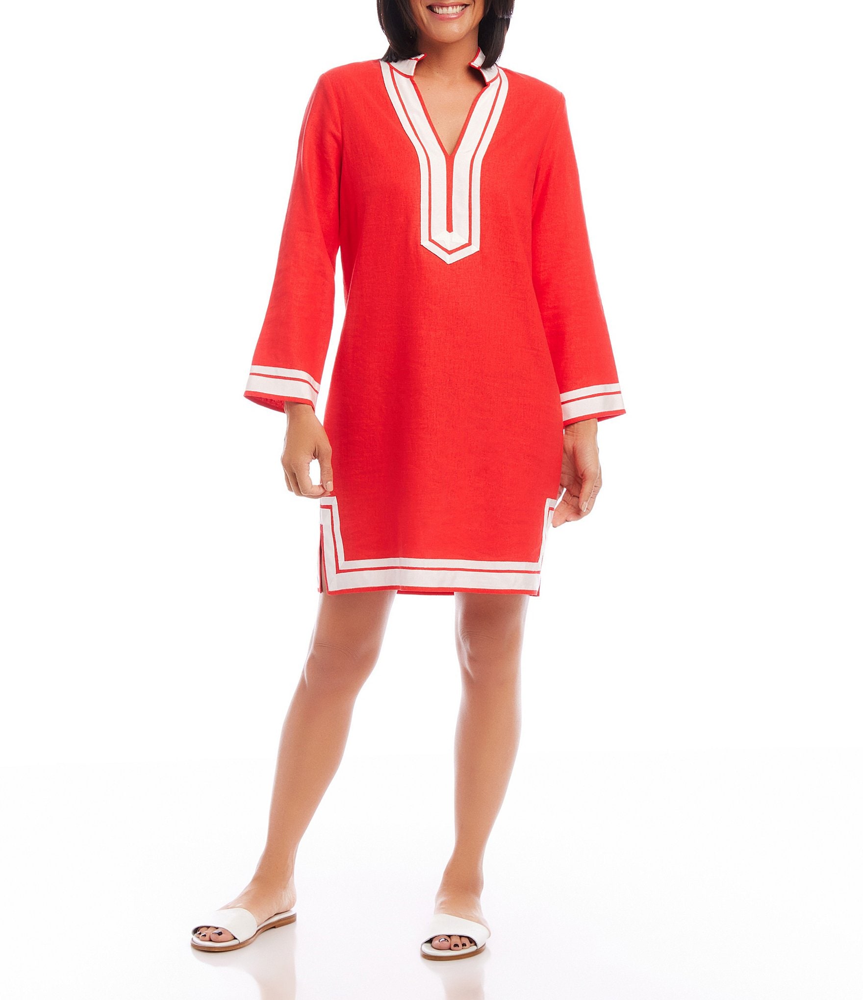 Karen Kane Saint Tropez Linen Blend Mandarin Collar V-Neck 3/4 Sleeve ...