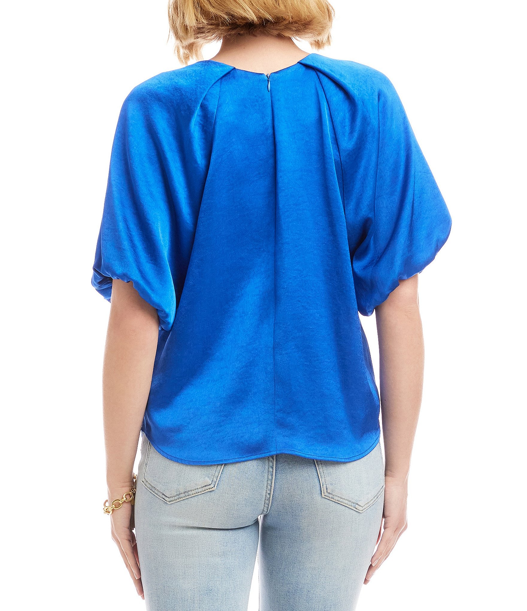 Karen Kane Satin Scoop Neck Short Puff Raglan Sleeve Top