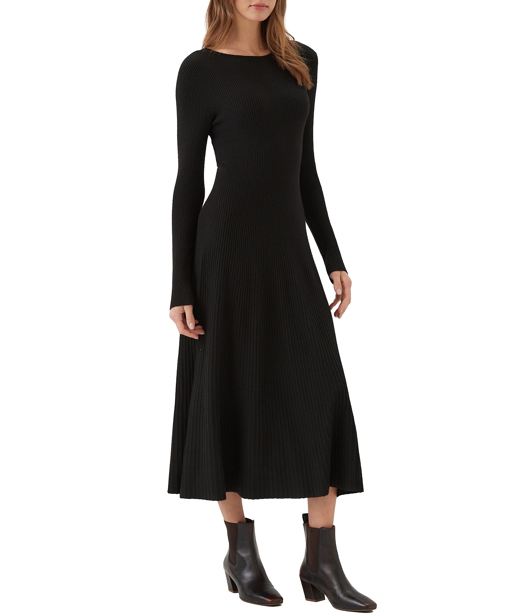 Karen Kane Seamless Knit Crew Neck Long Sleeve Midi Sweater A-Line Dress