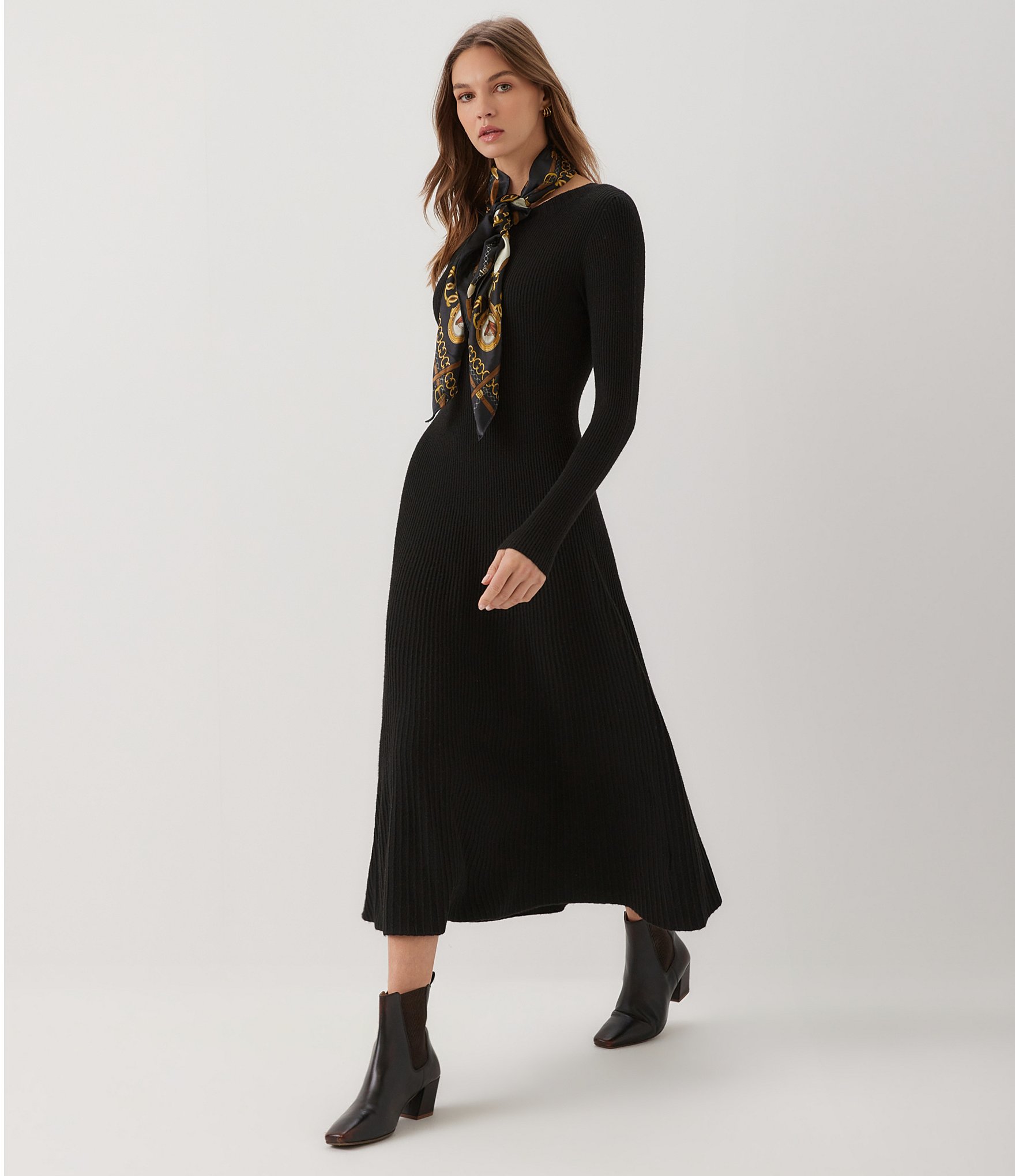 Karen Kane Seamless Knit Crew Neck Long Sleeve Midi Sweater A-Line Dress
