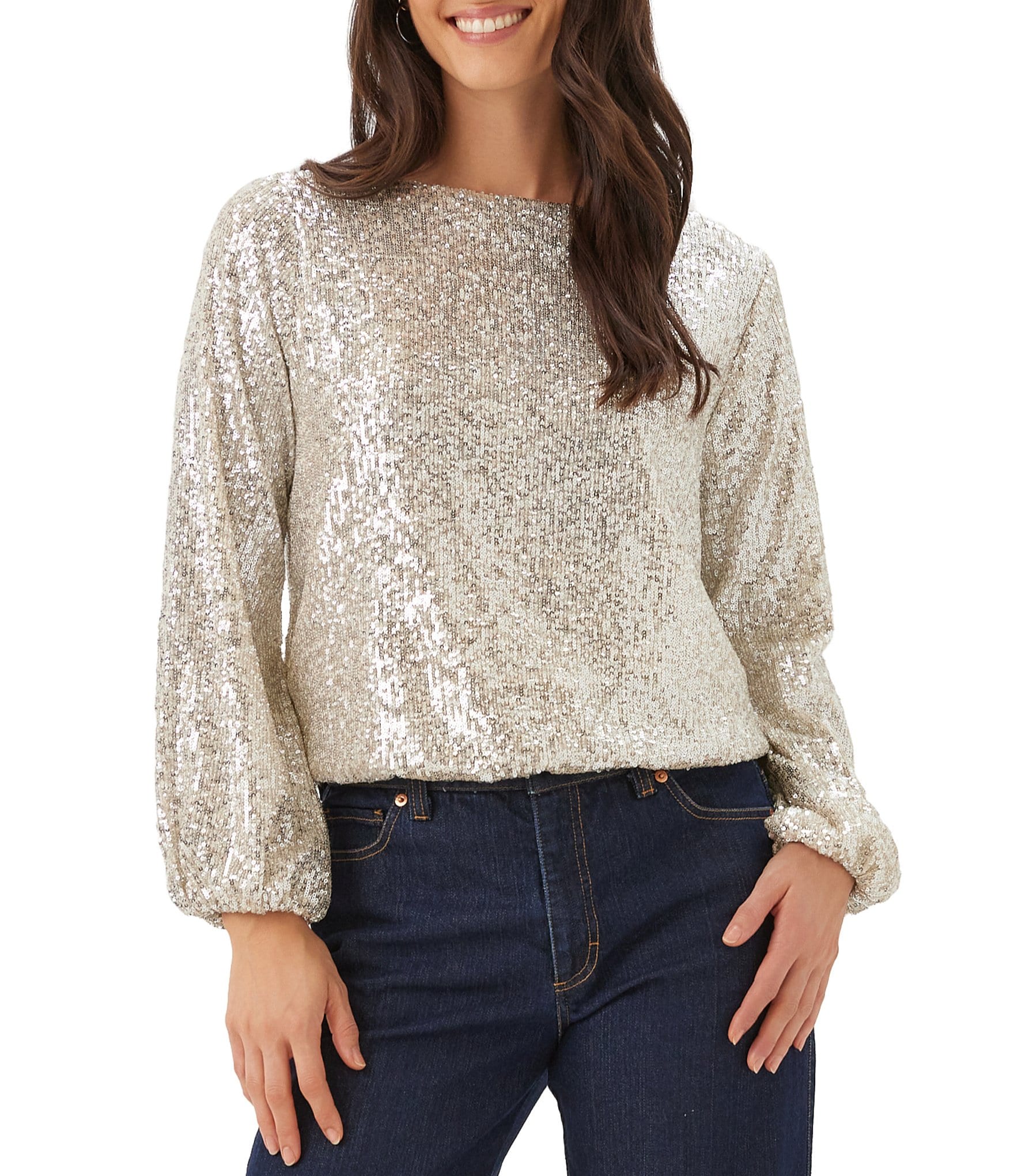 Karen Kane Sequin Mesh Boat Neck Long Blouson Sleeve Bubble Hem Top