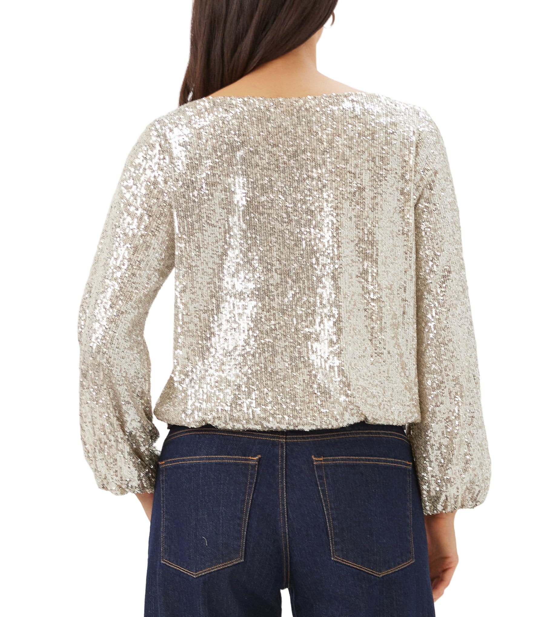 Karen Kane Sequin Mesh Boat Neck Long Blouson Sleeve Bubble Hem Top