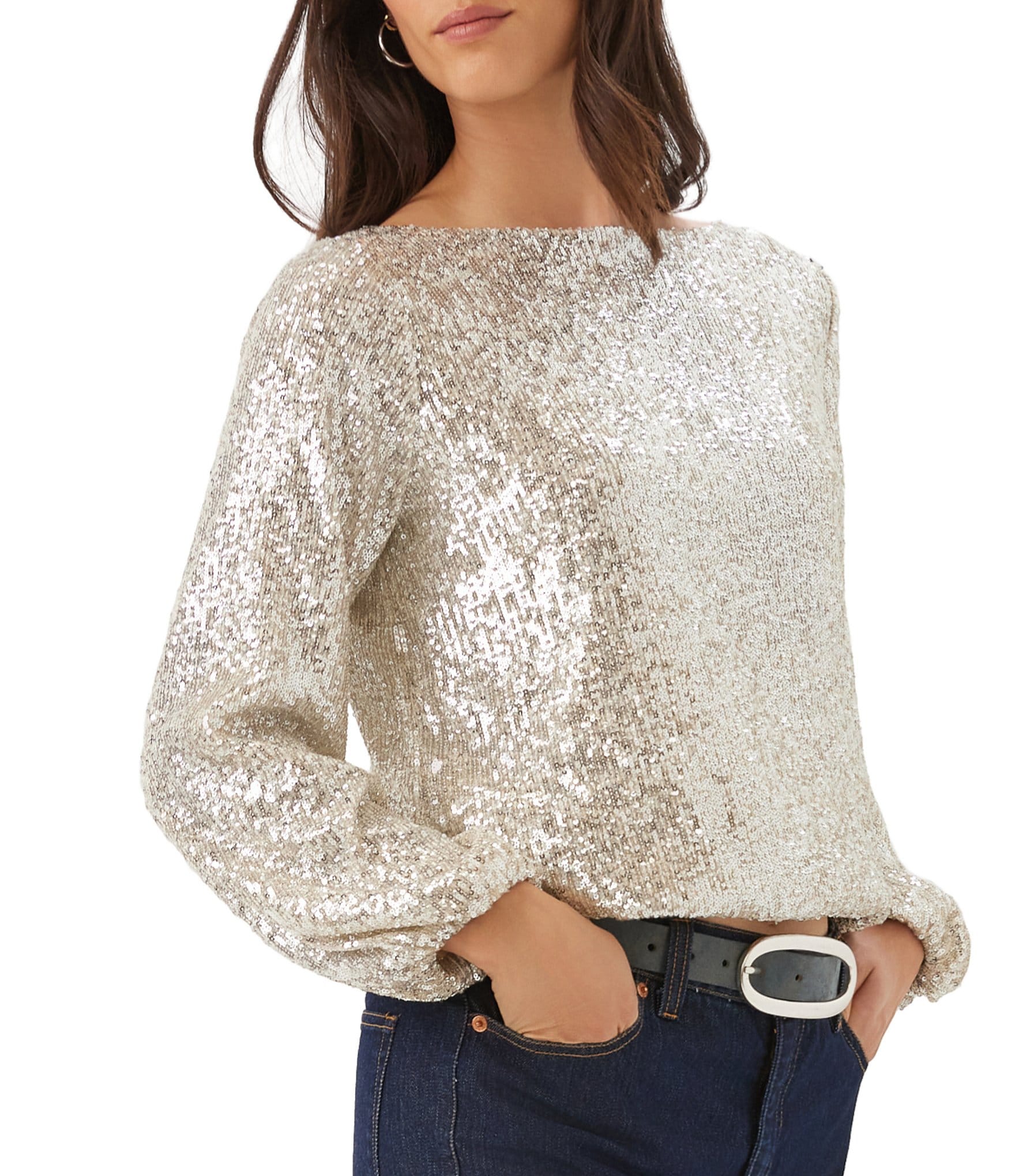 Karen Kane Sequin Mesh Boat Neck Long Blouson Sleeve Bubble Hem Top