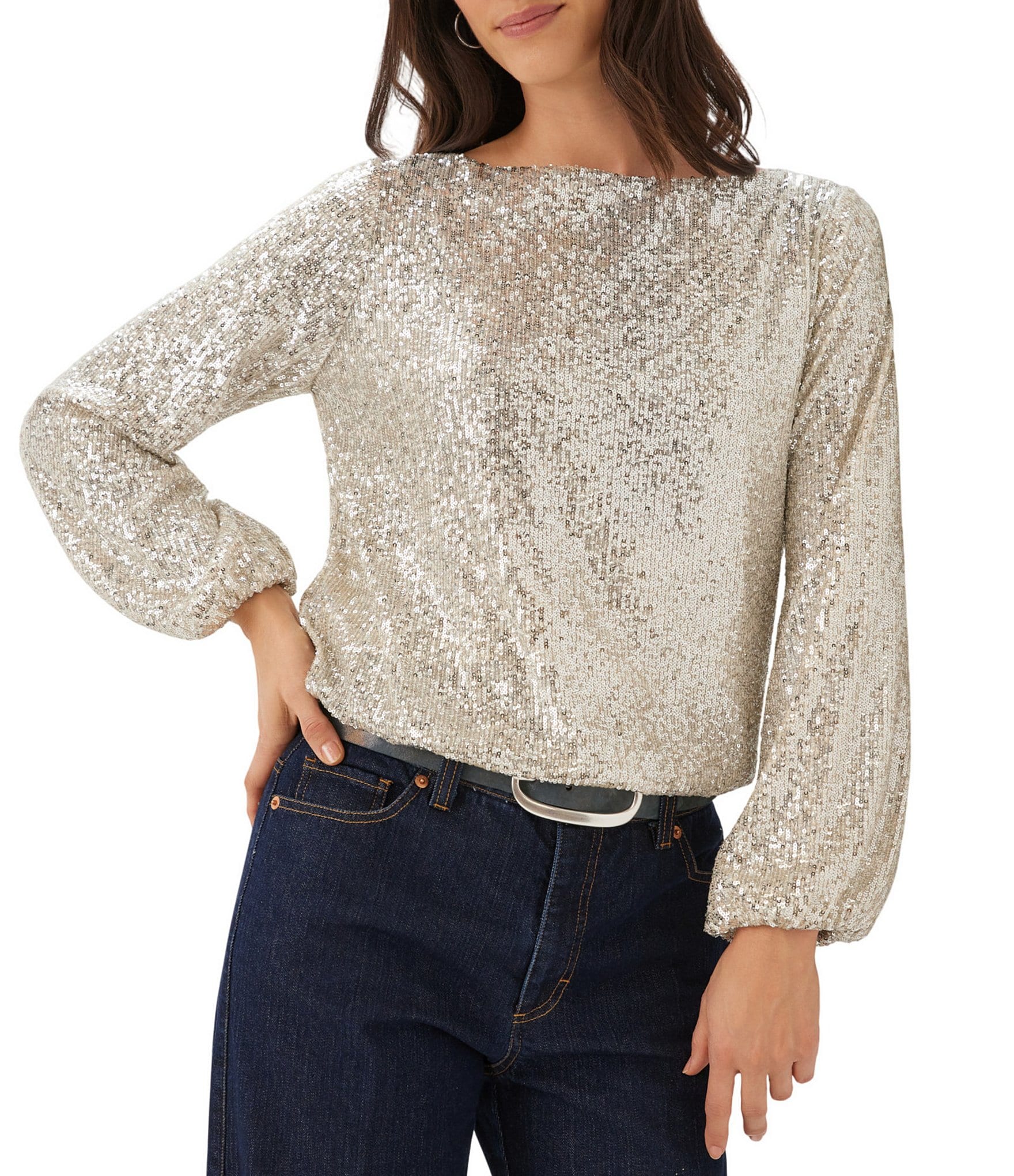 Karen Kane Sequin Mesh Boat Neck Long Blouson Sleeve Bubble Hem Top