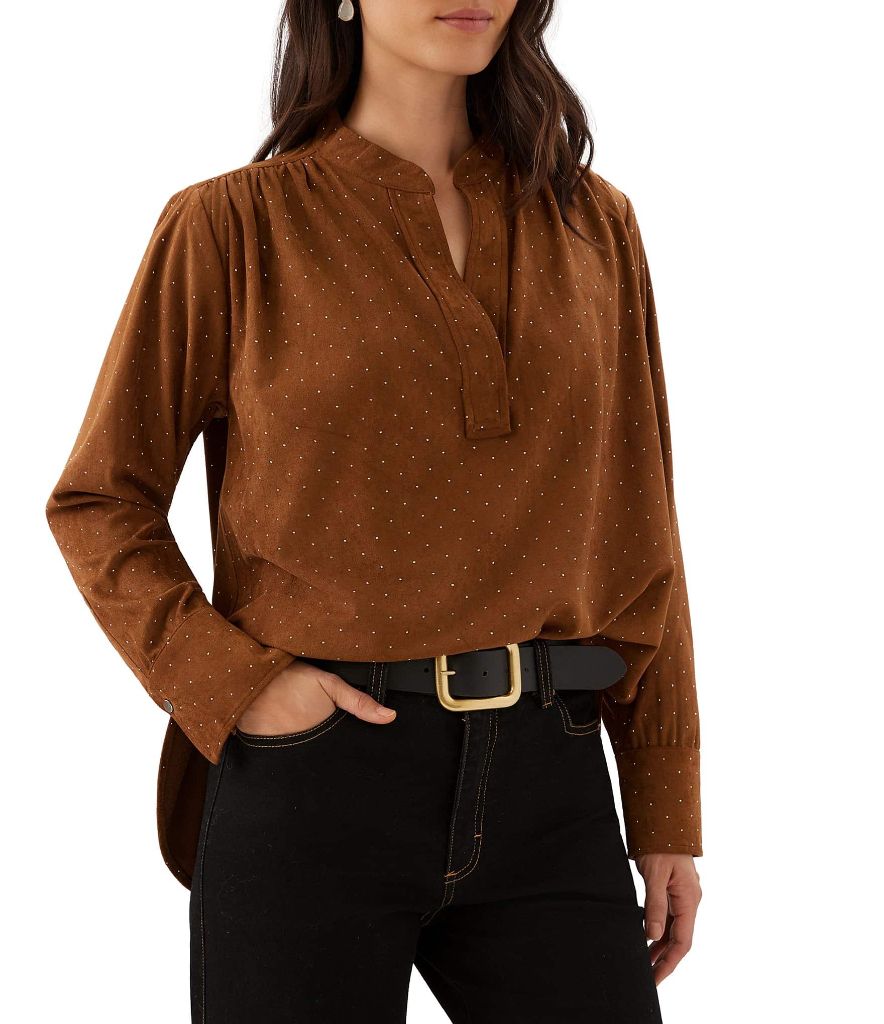 Karen Kane Shimmer Faux Suede Split V-Neck Long Sleeve Top