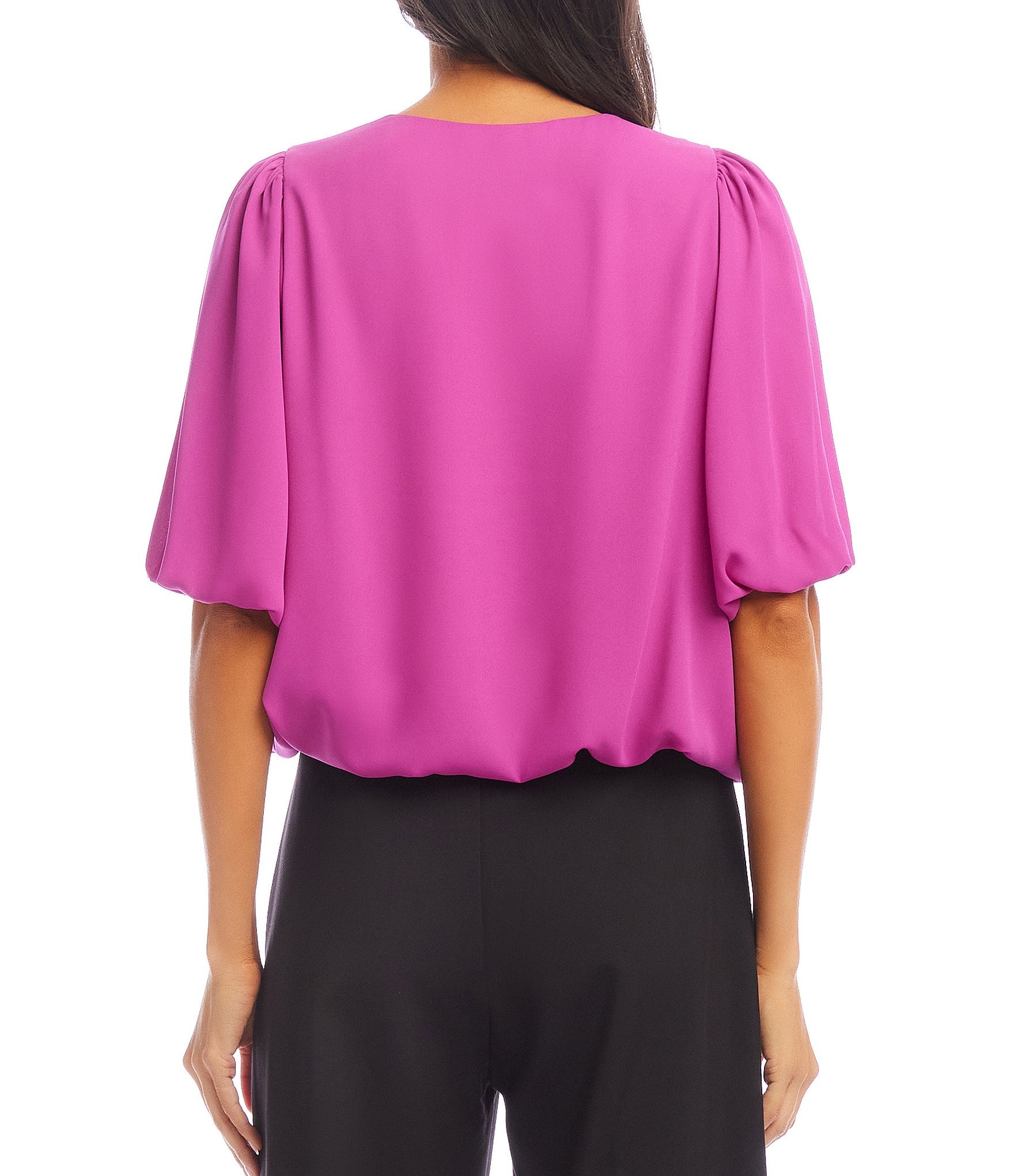 Karen Kane Silky Crepe V-Neck Short Puff Sleeve Top