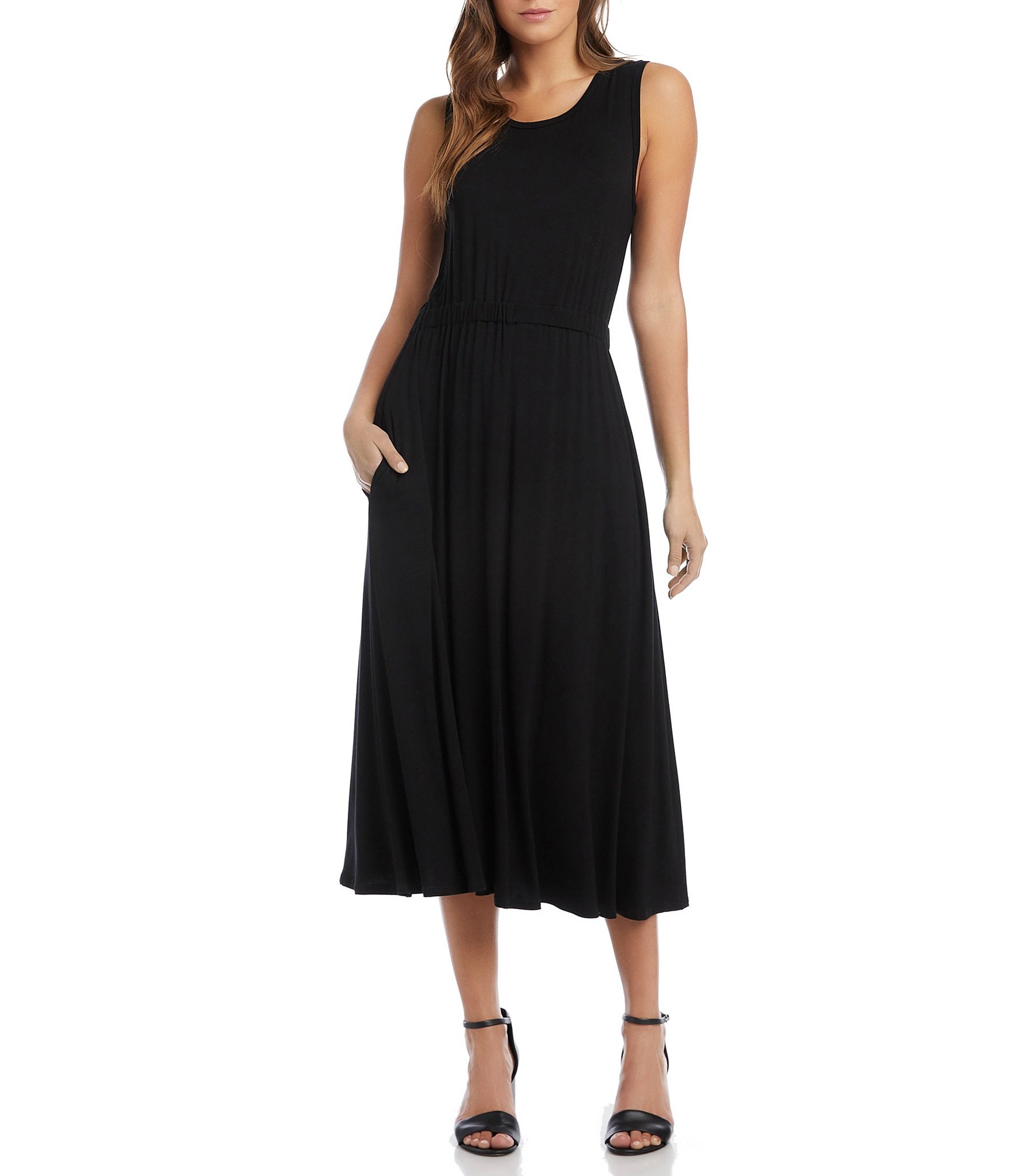 Karen Kane Sleeveless Cinched Waist Jewel Neck Artisan Midi Dress ...