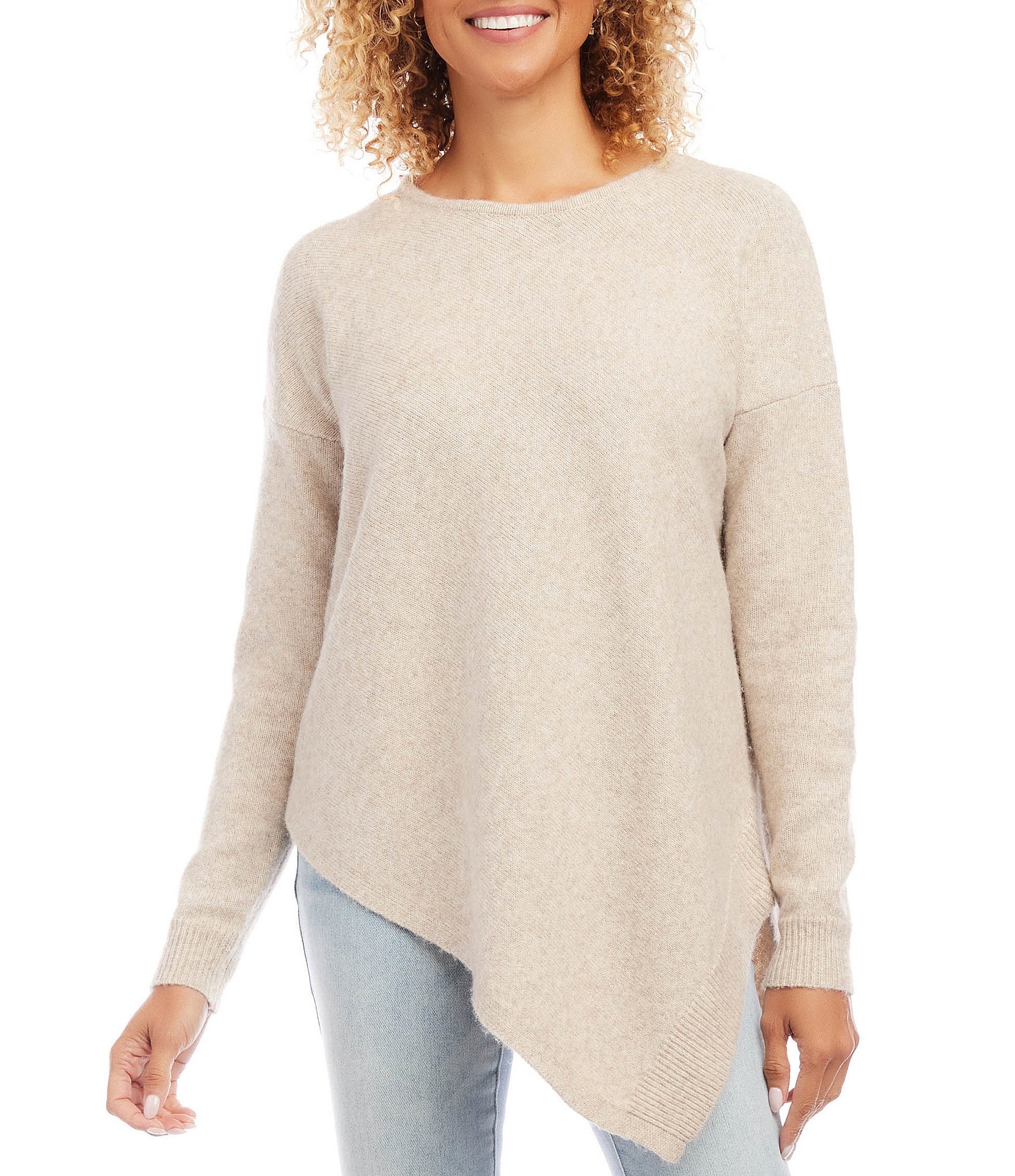 Karen Kane Soft Sweater Knit Crew Neck Long Sleeve Asymmetrical Hem Top | Dillard's