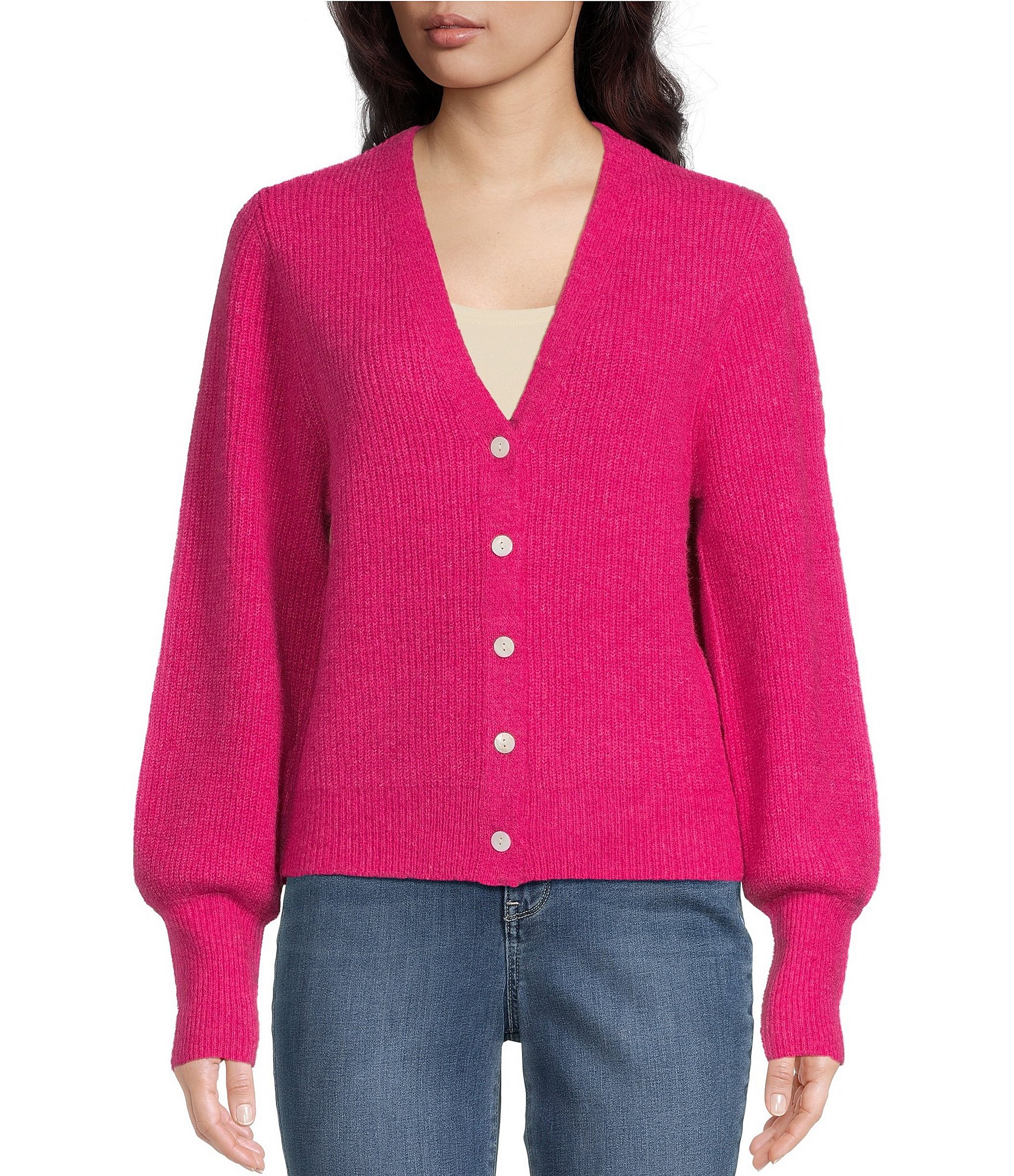 Karen Kane Soft Sweater Knit V-Neck Blouson Sleeve Button-Up Cardigan ...
