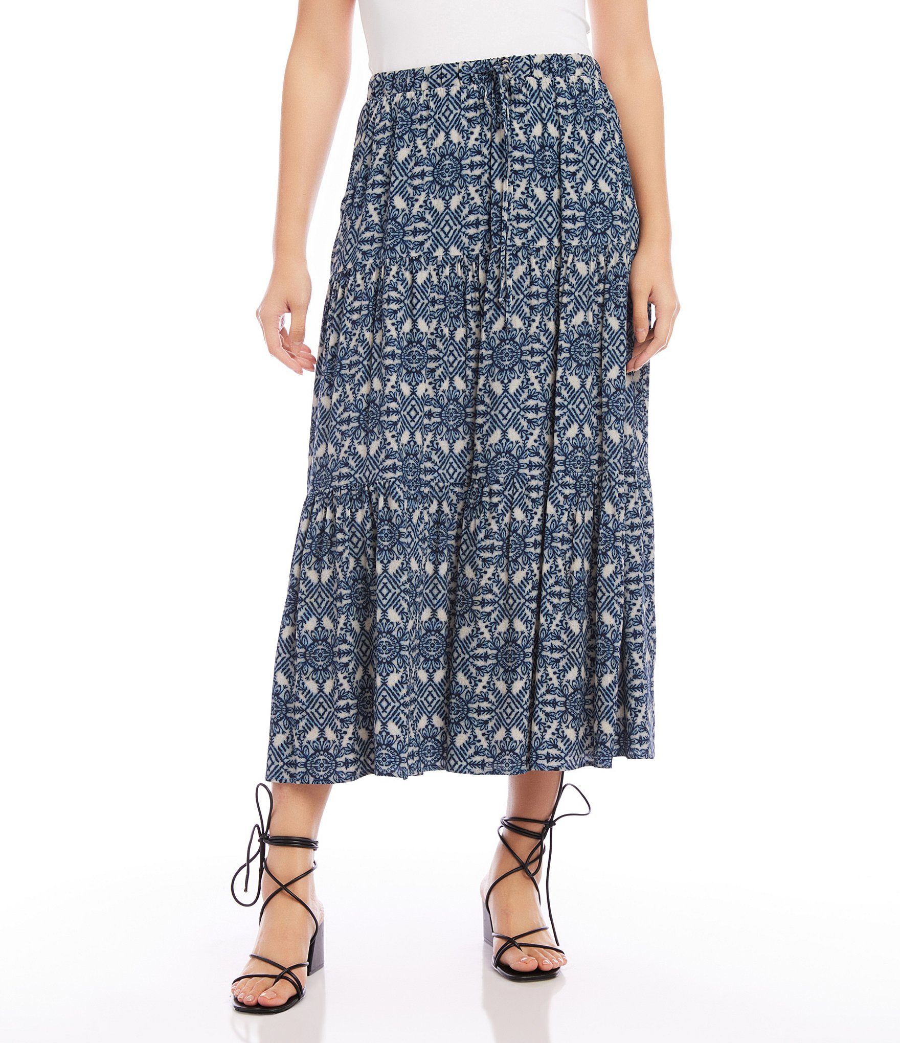 Karen Kane Stamp Batik Crepe Tiered Midi Skirt | Dillard's