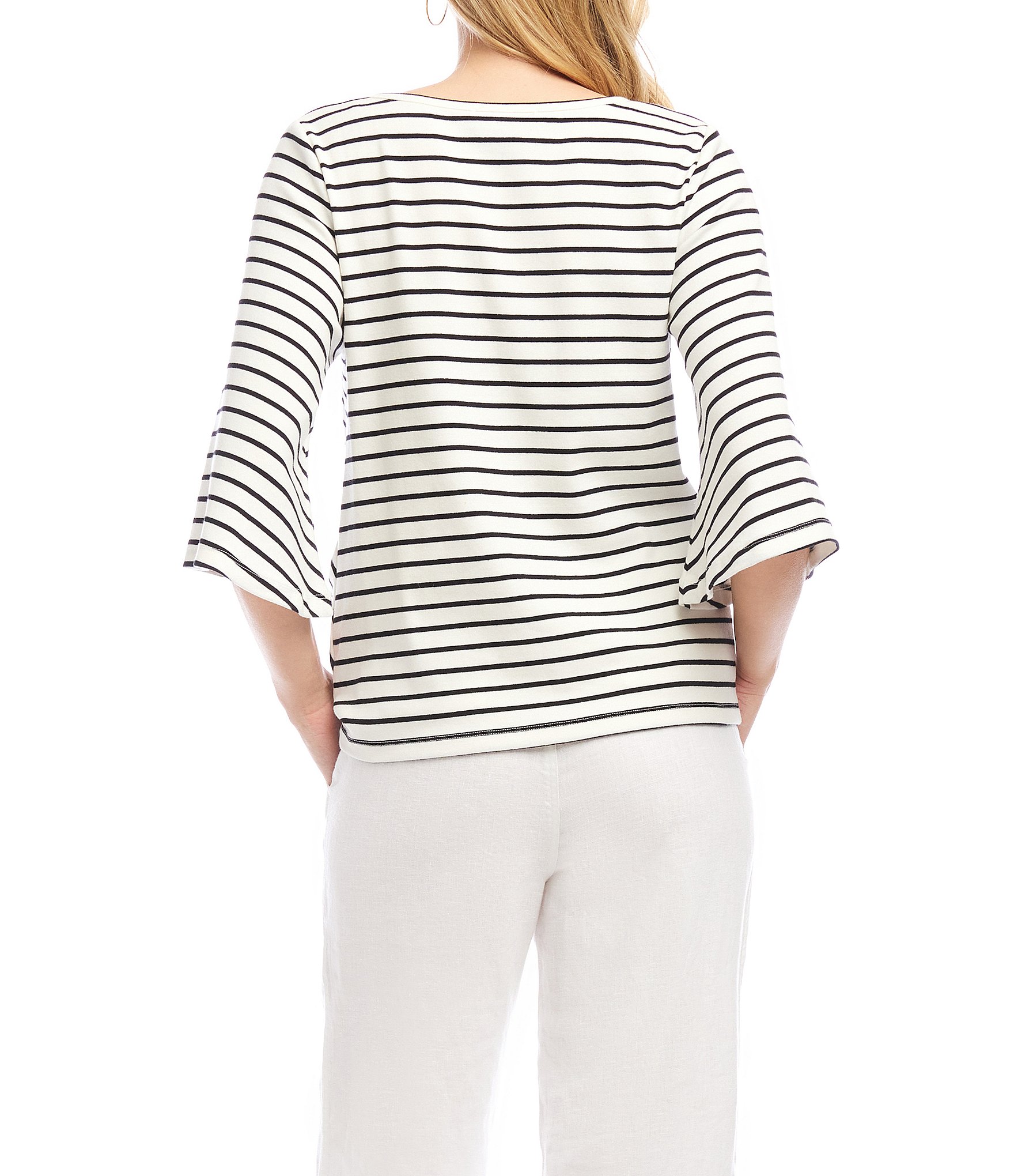 Karen Kane Stripe Crew Neck 3/4 Flare Sleeve Twist Front Top