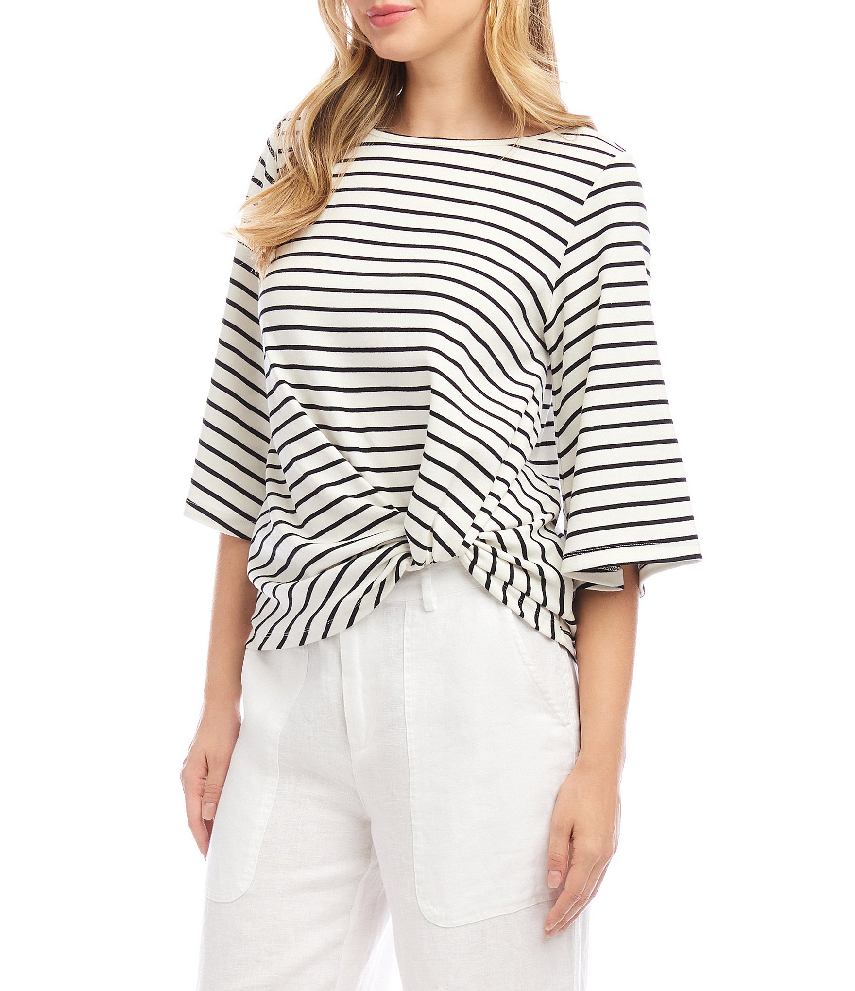 Karen Kane Stripe Crew Neck 3/4 Flare Sleeve Twist Front Top