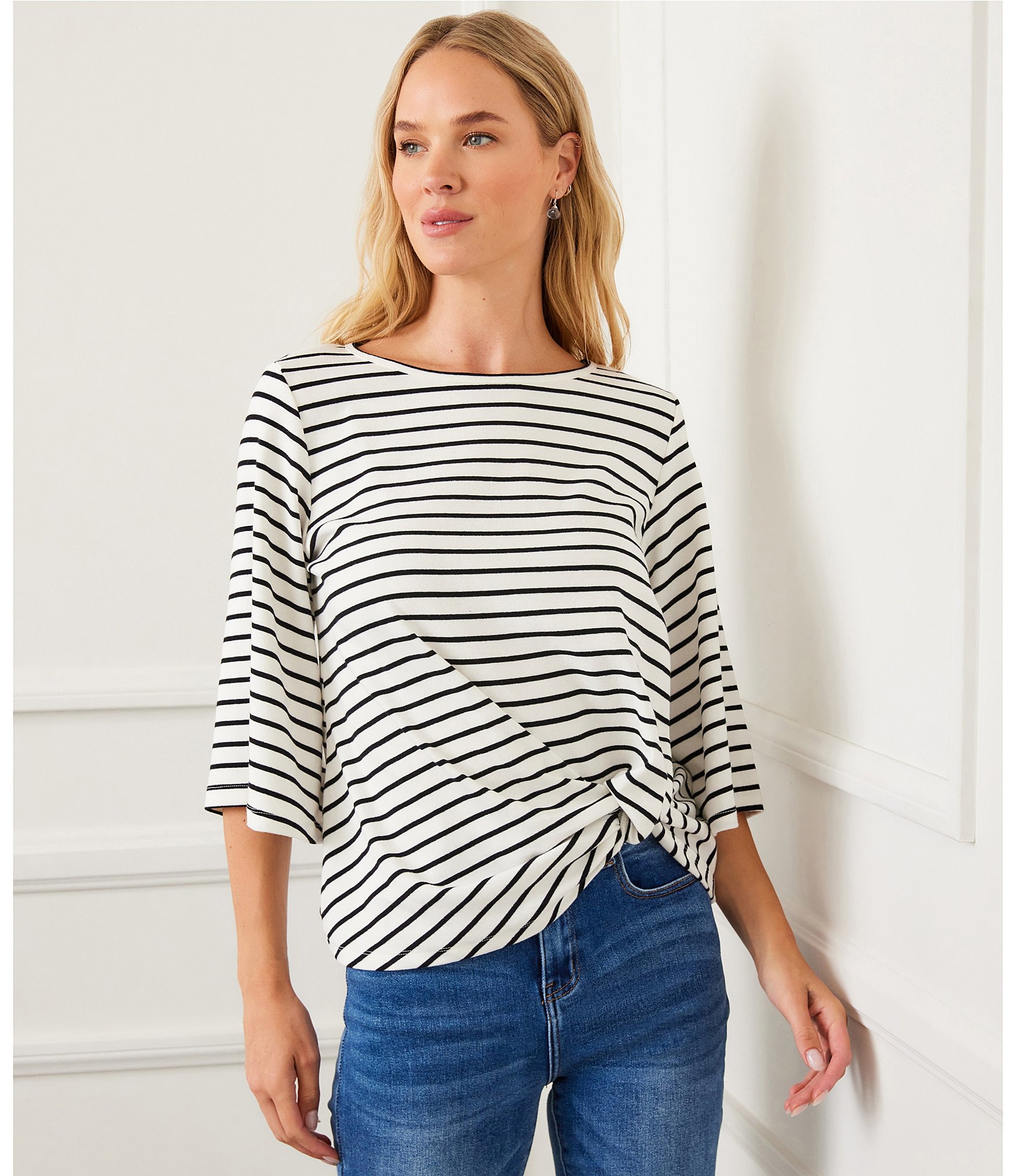 Karen Kane Stripe Crew Neck 3/4 Flare Sleeve Twist Front Top