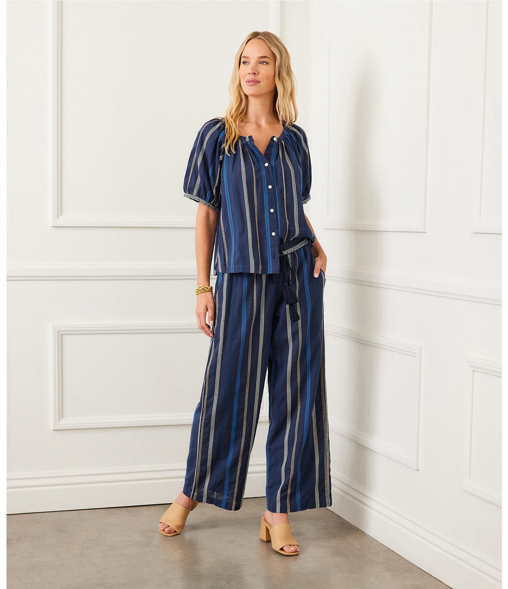Karen Kane Stripe Embroidered Cropped Coordinating Drawstring Pants