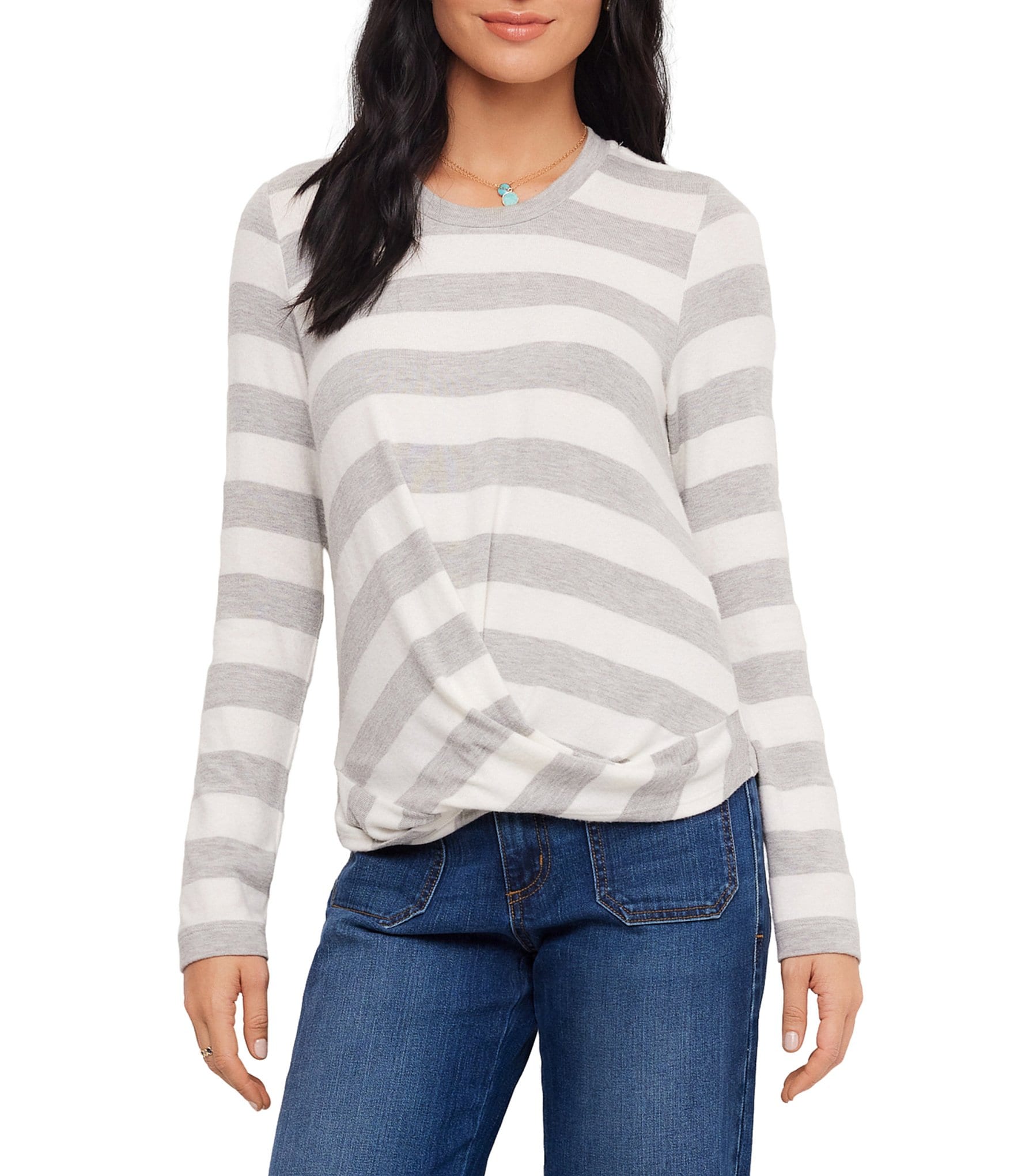 Karen Kane Striped Drape Front Crew Neck Long Sleeve Top
