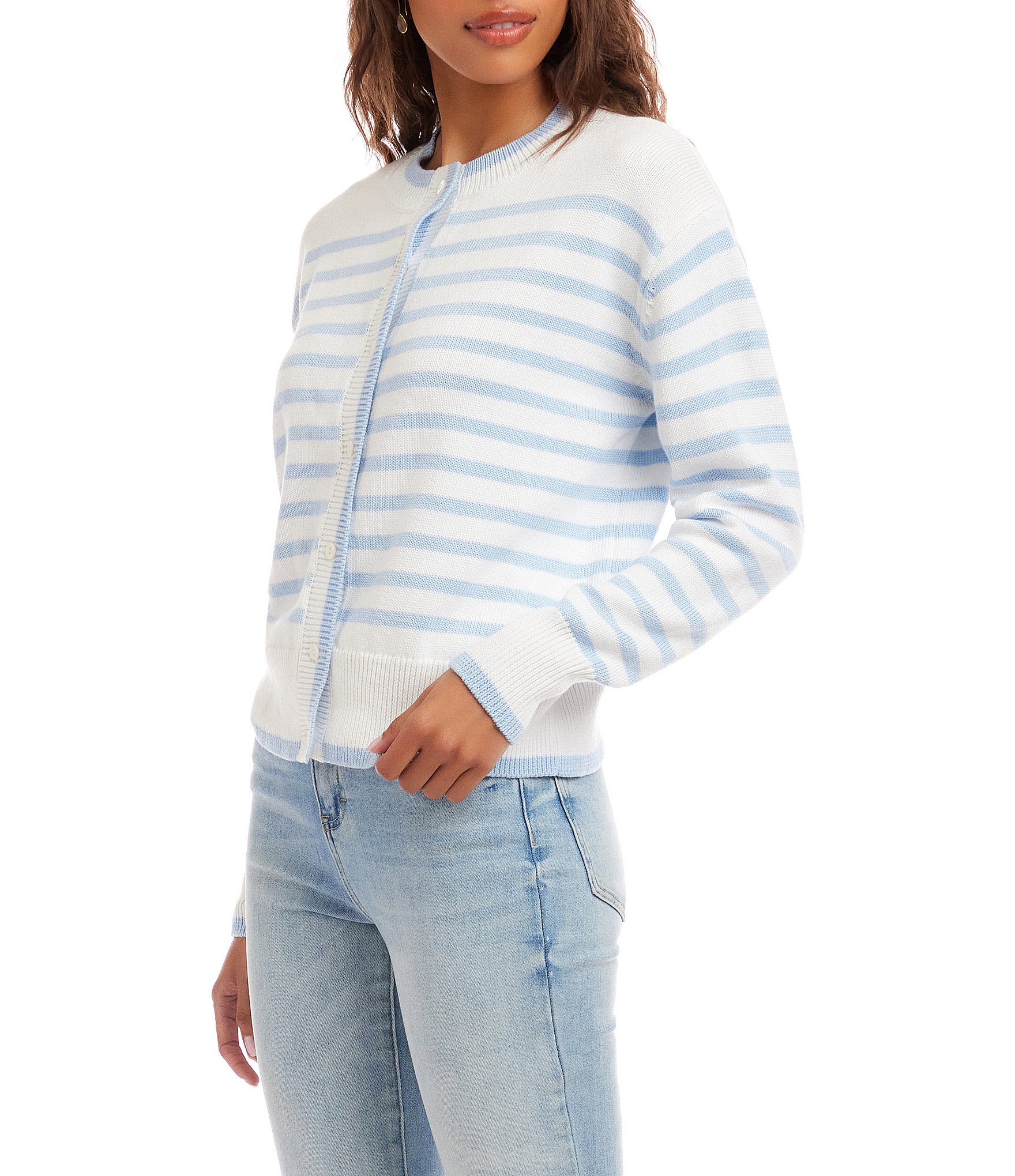 Karen Kane Striped Long Sleeve Button Front Cardigan Sweater