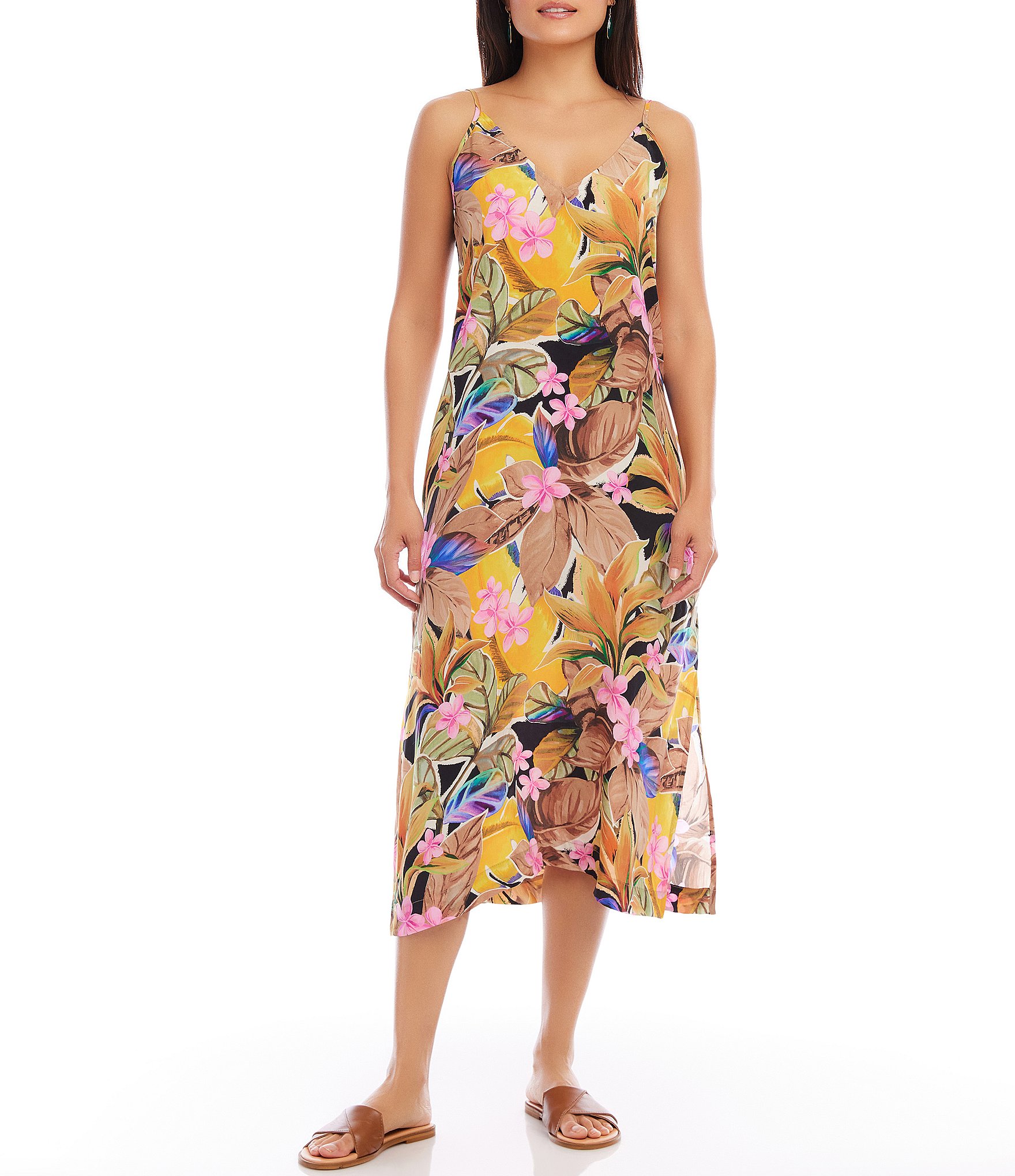 Karen Kane Tropical Floral Print V-Neck Sleeveless Side Slit Midi Dress ...