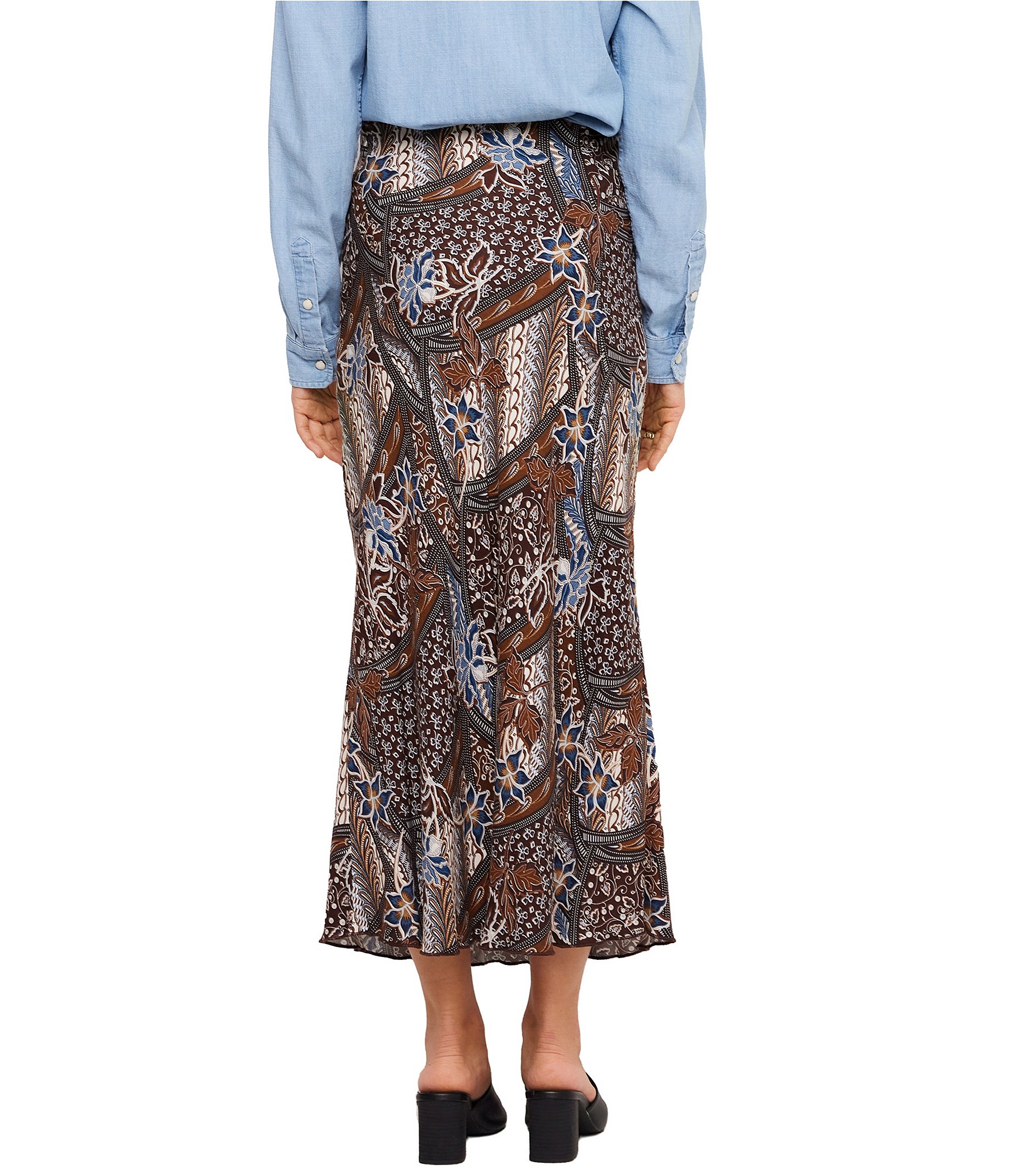 Karen Kane Twill Patchwork Print Midi Skirt