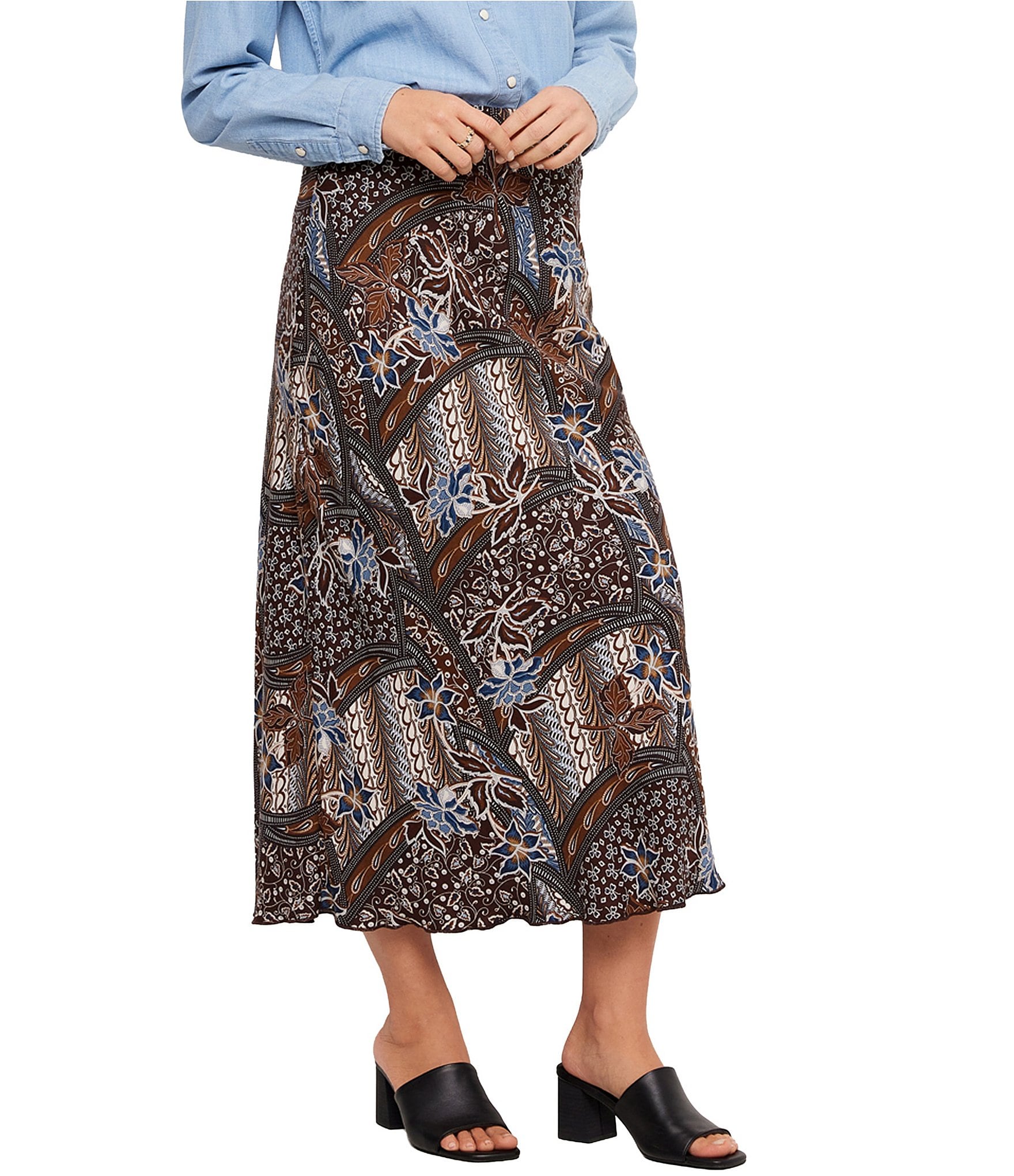 Karen Kane Twill Patchwork Print Midi Skirt