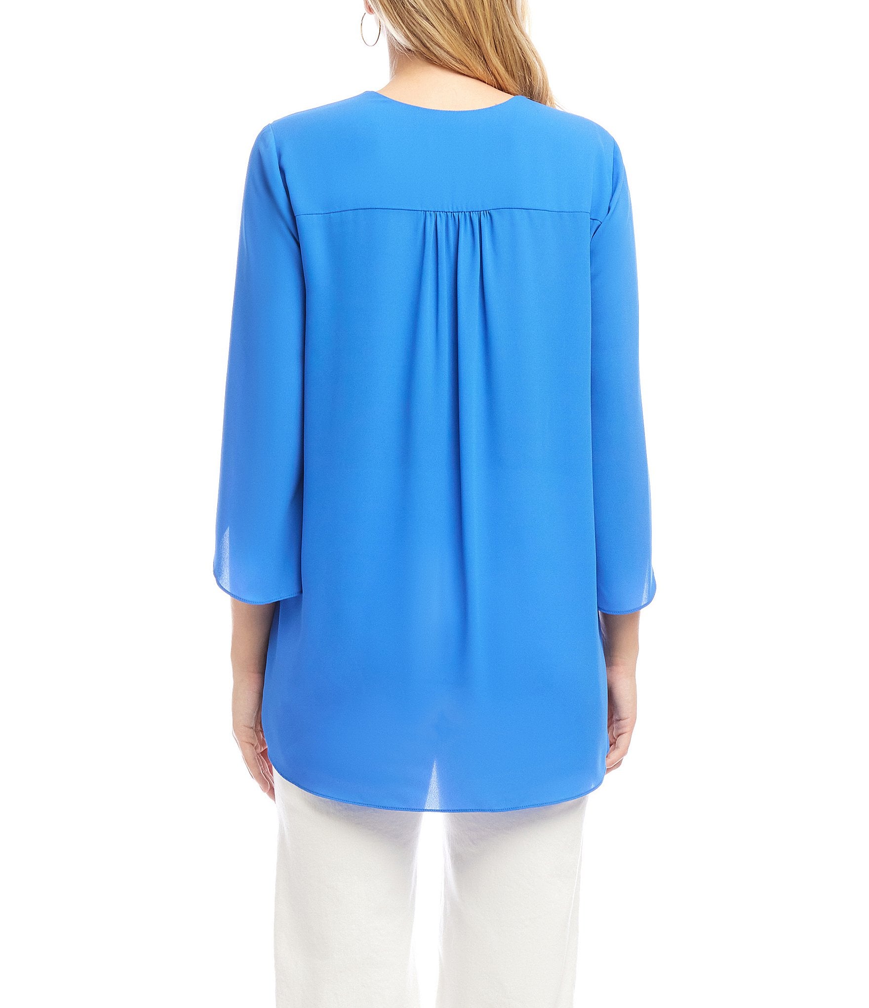 Karen Kane V-Neck 3/4 Flare Sleeve Asymmetric Crossover Hem Top