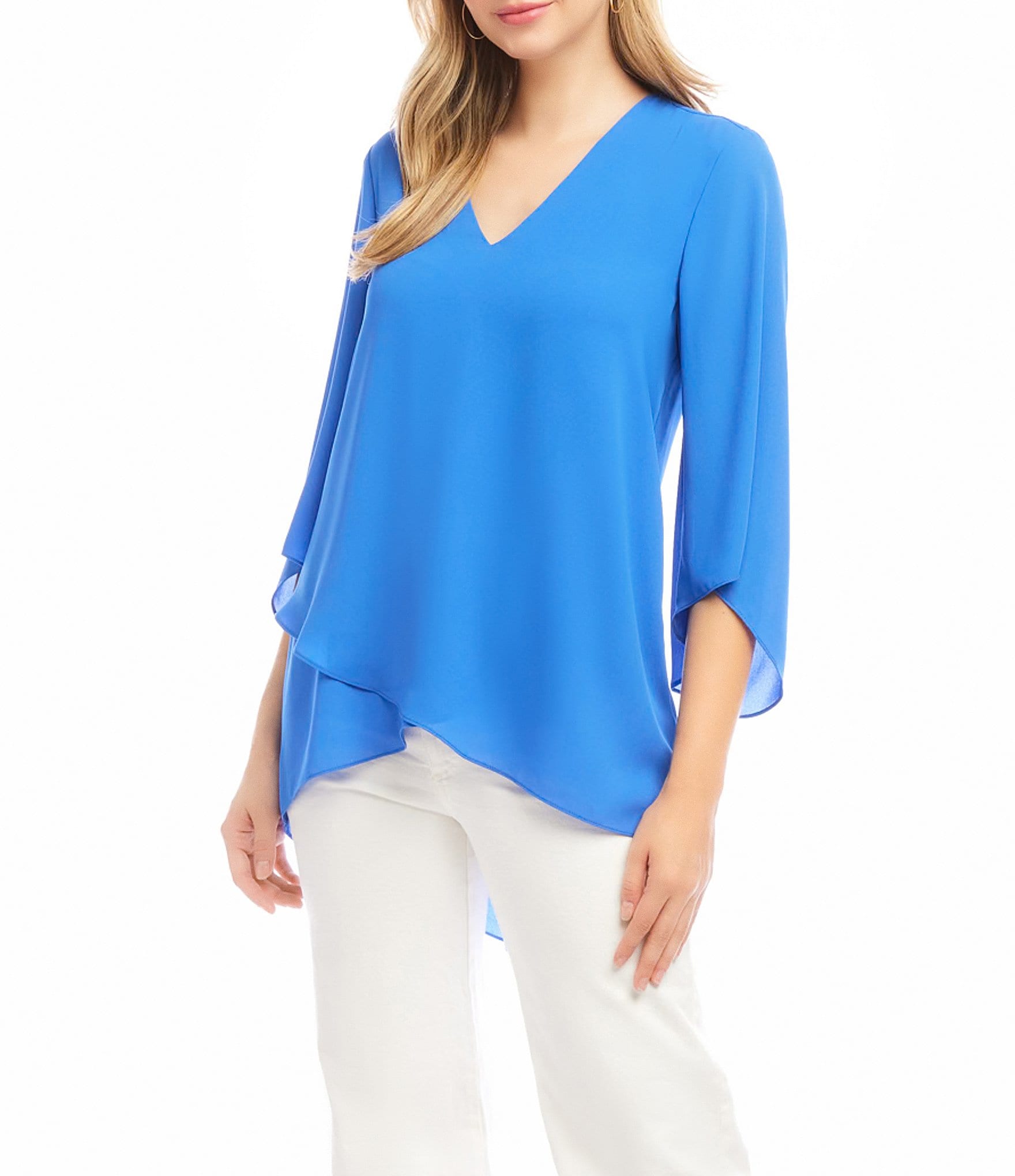 Karen Kane V-Neck 3/4 Flare Sleeve Asymmetric Crossover Hem Top