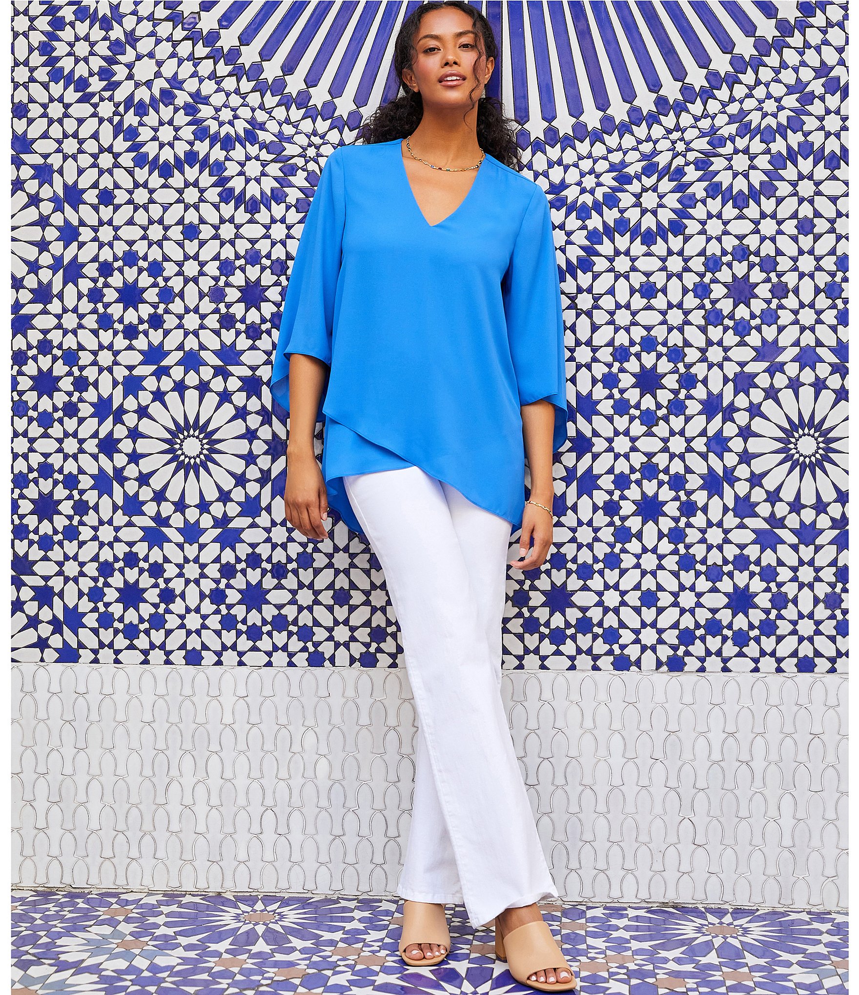Karen Kane V-Neck 3/4 Flare Sleeve Asymmetric Crossover Hem Top