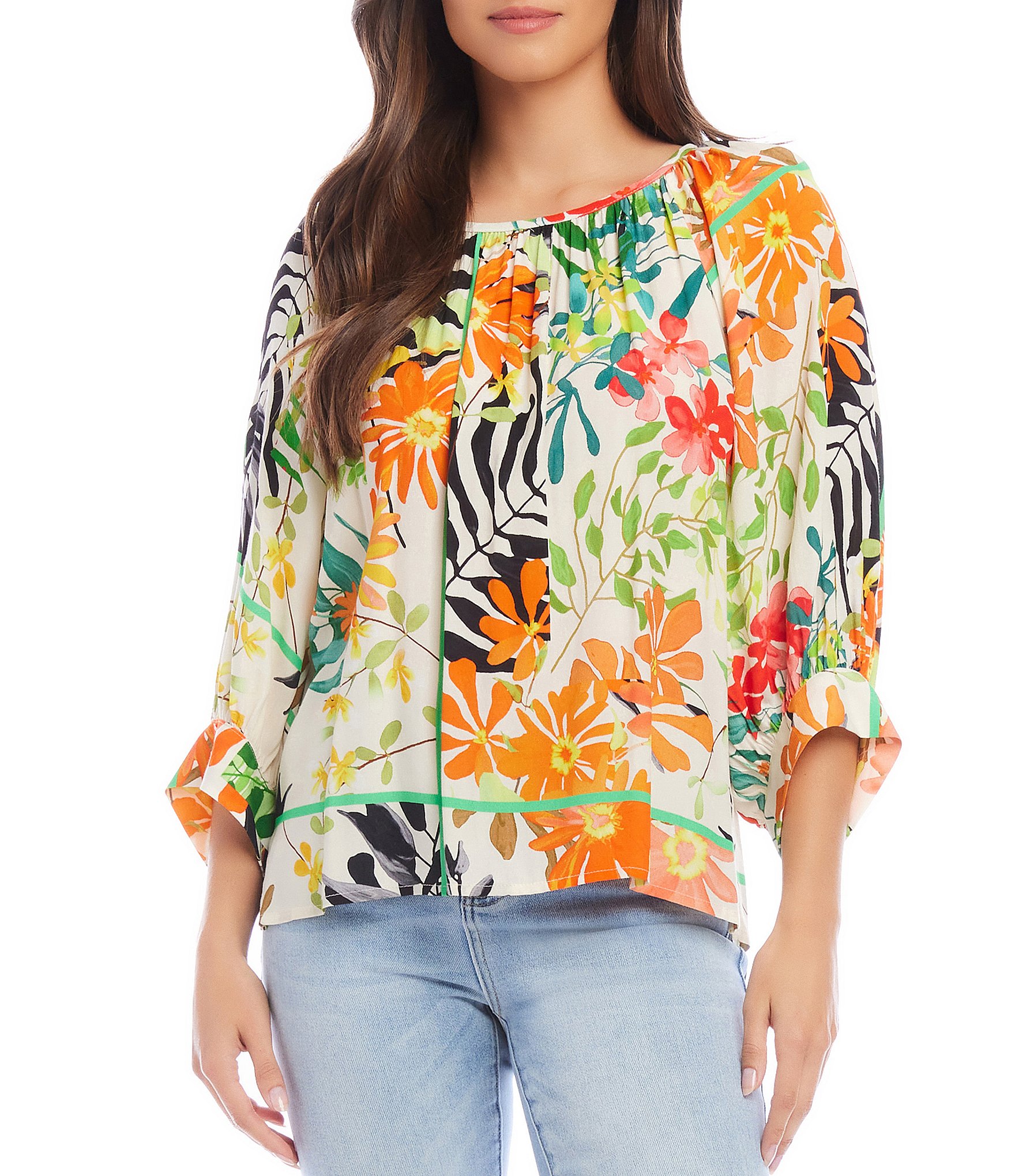 Karen Kane Wild Flower Scoop Neck 3/4 Blouson Sleeve Crepe Blouse ...