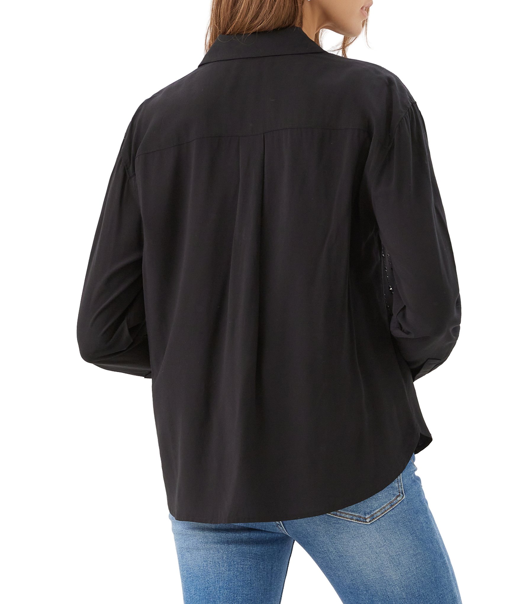 Karen Kane Woven Challis Point Collar Long Sleeve Front Gemstone Embellished Front Top