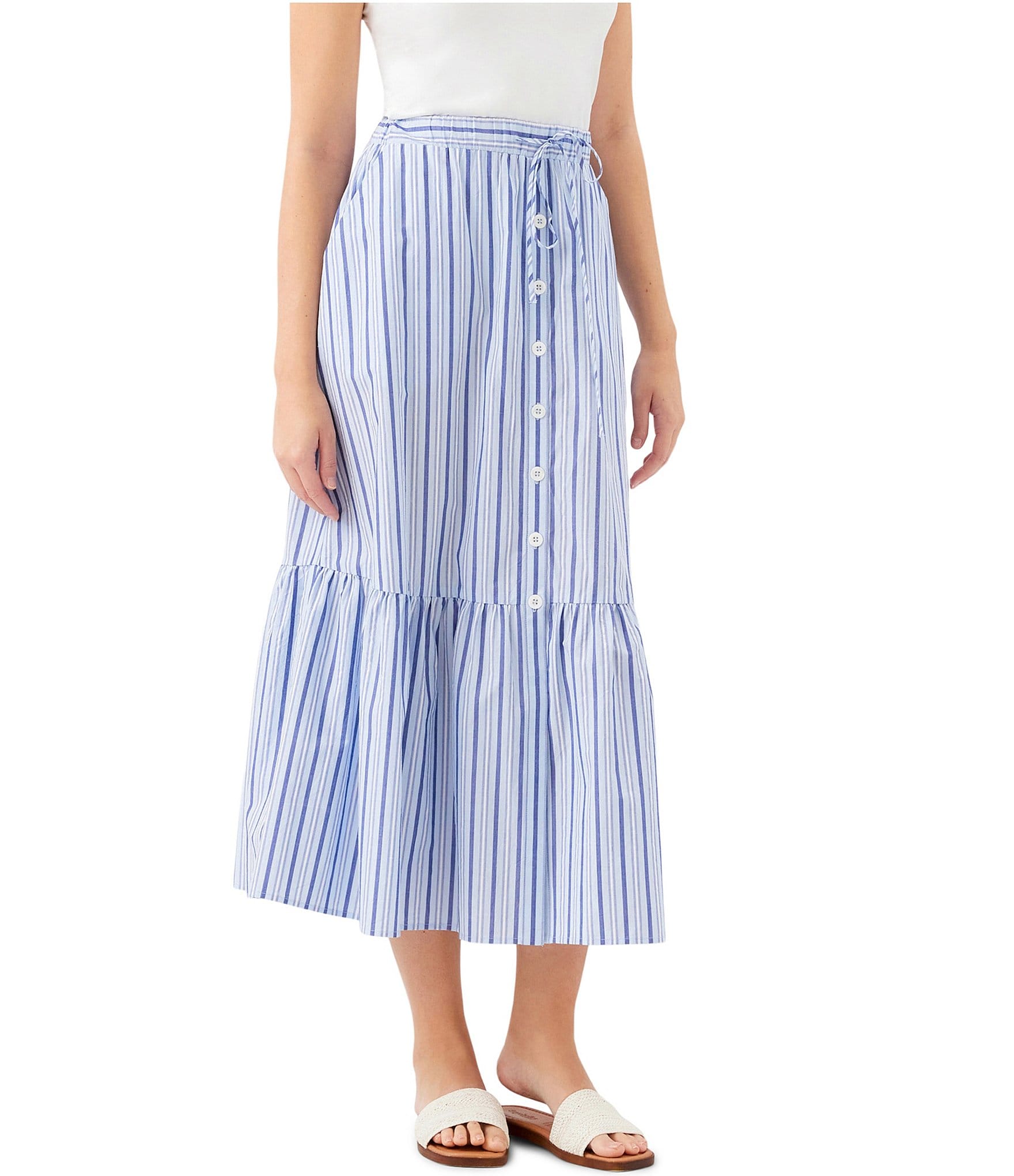 Karen Kane Woven Vertical Stripe Tiered Drawstring Front Button A-Line Midi Skirt