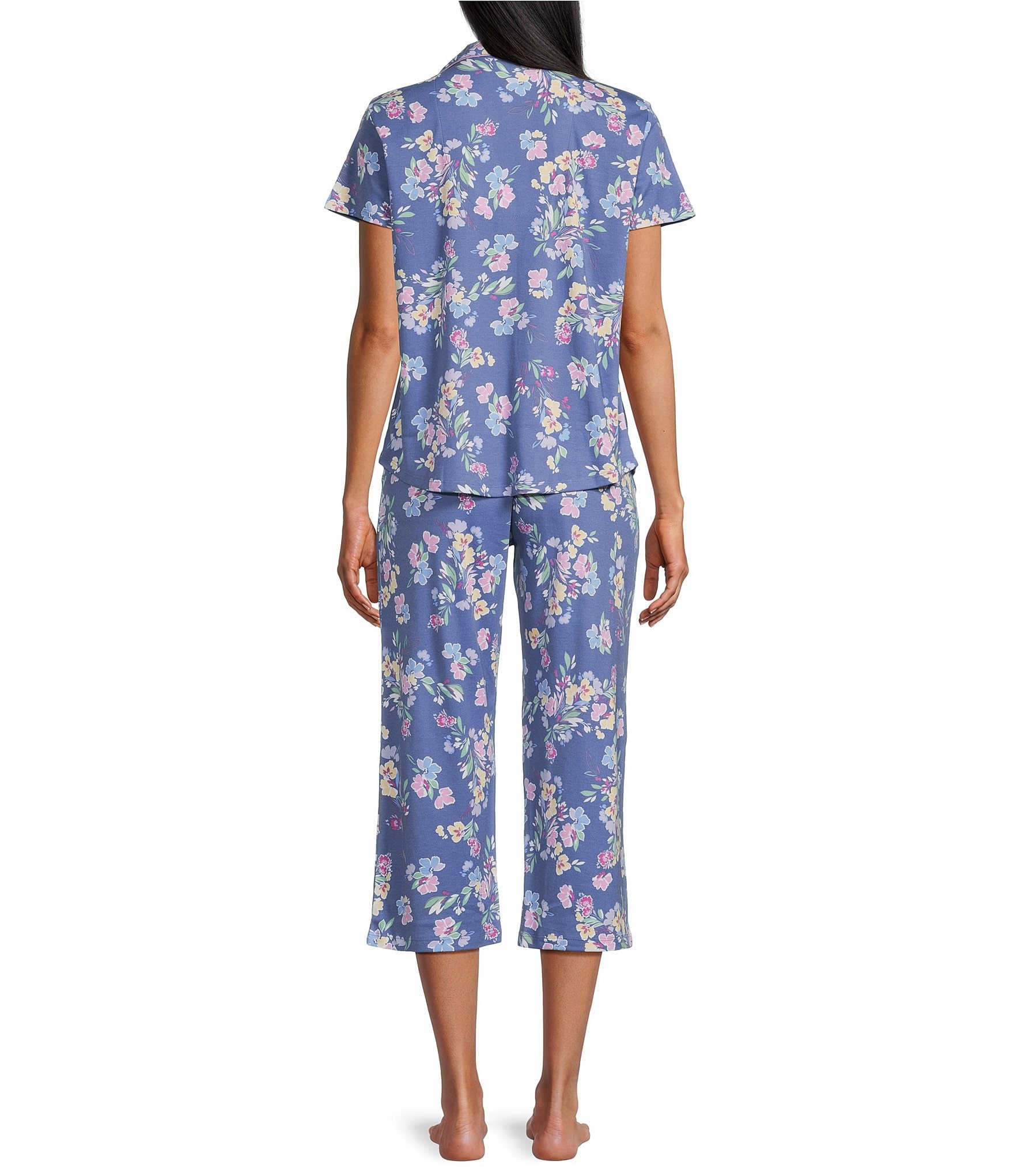 Karen Neuburger Interlock Knit Graphic Floral Short Sleeve Notch Collar Cropped Pajama Set