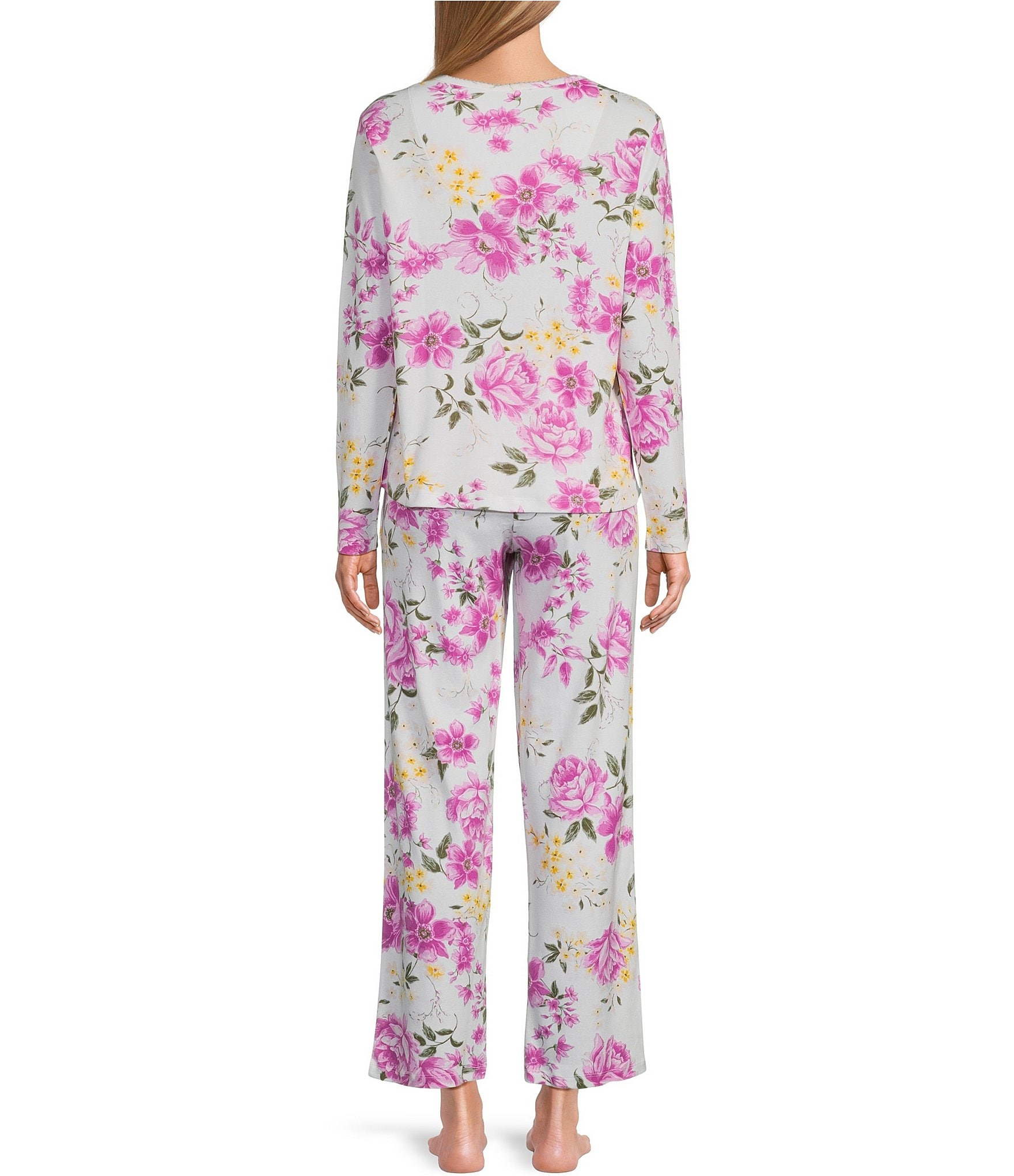 Karen Neuburger Long Sleeve Henley Floral Interlock Knit Pajama Set