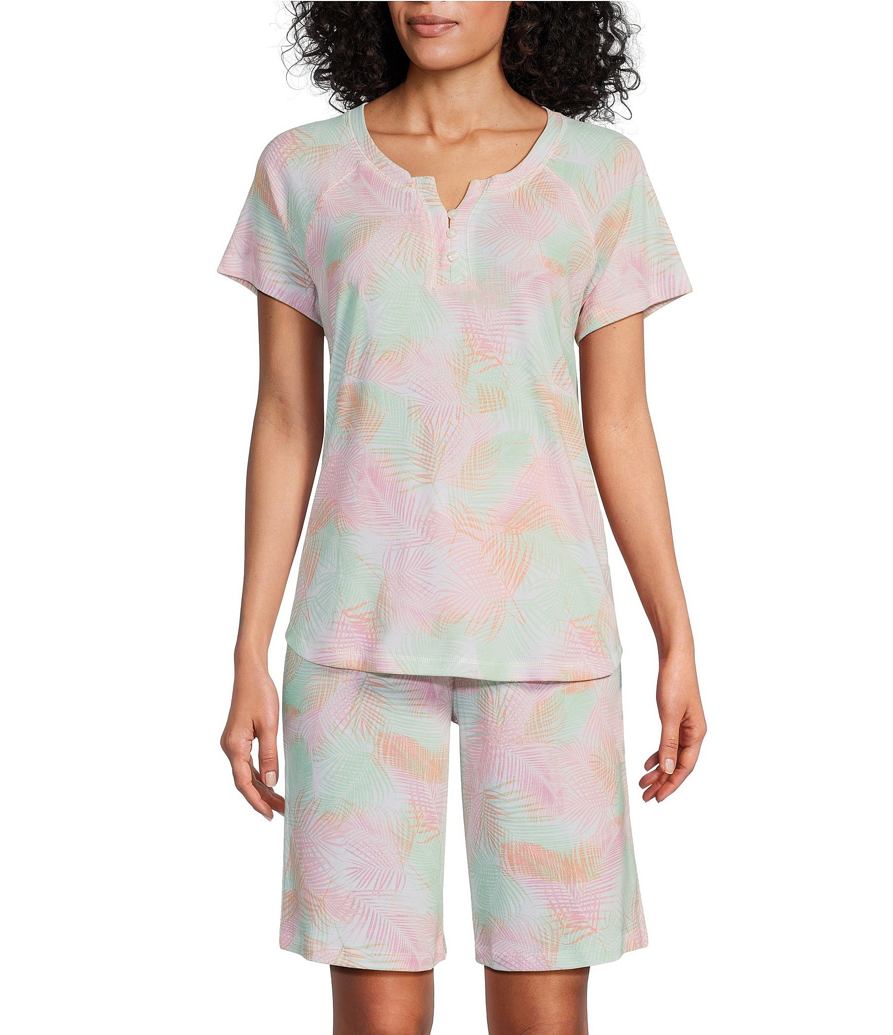 Karen Neuburger Palm Print Short Sleeve Round Neck Knit Pajama Set ...