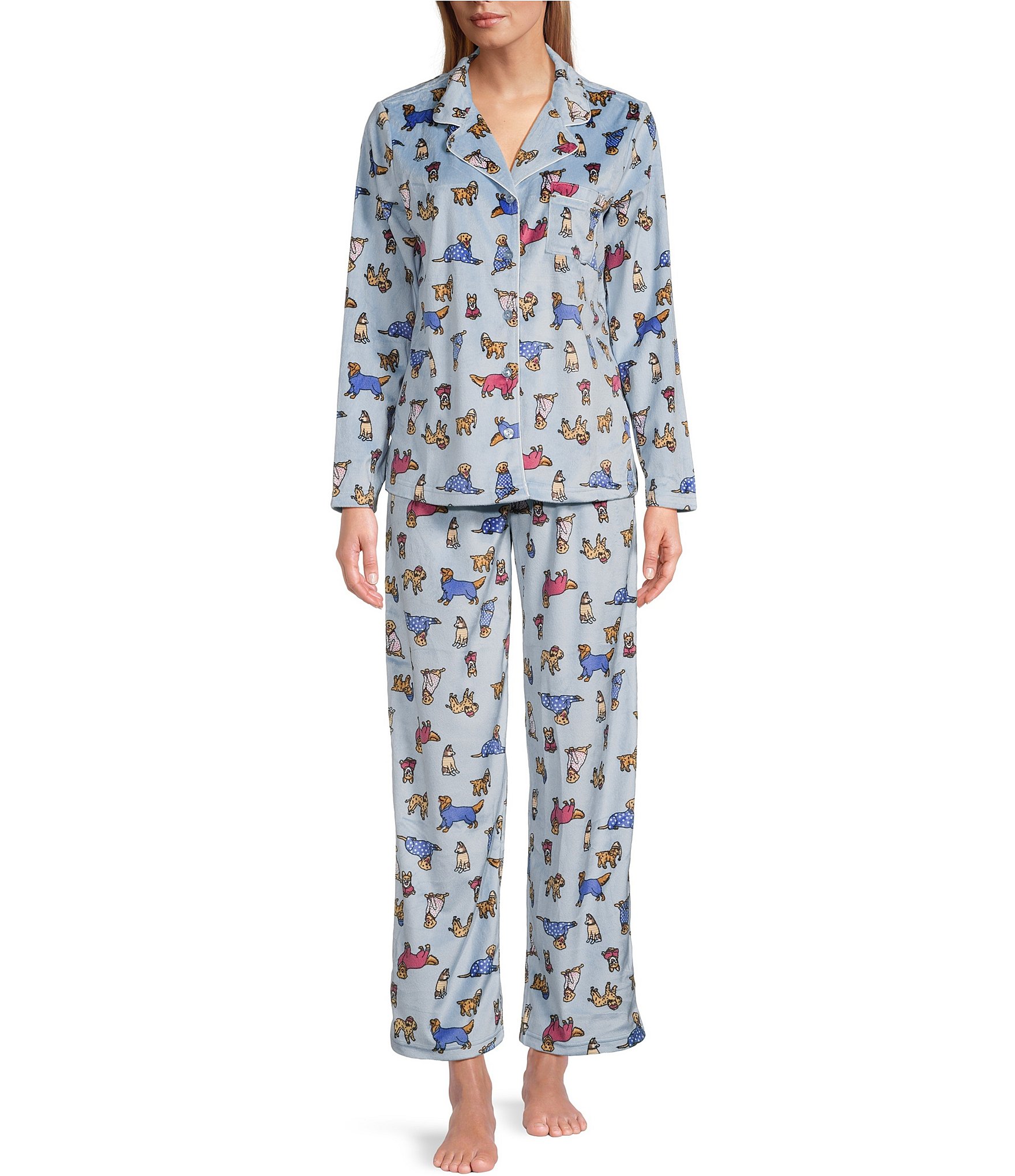 Karen Neuburger Slumber Pawty Print Fleece Notch Collar Long Sleeve 3-Piece  Pajama Set