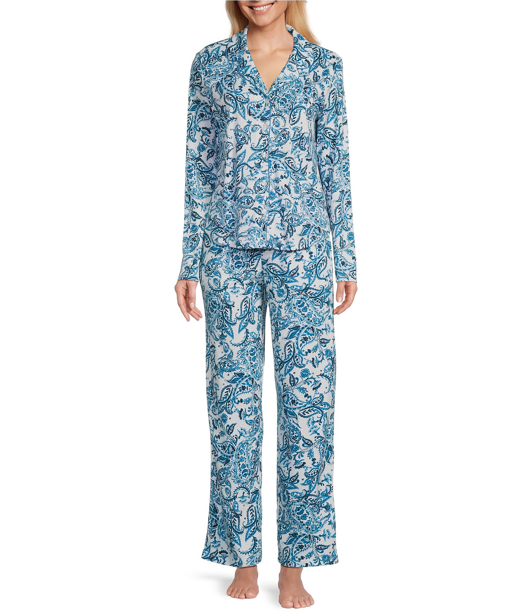 Karen Neuburger Watercolor Paisley Long Sleeve Notch Collar Interlock Knit Girlfriend Pajama Set