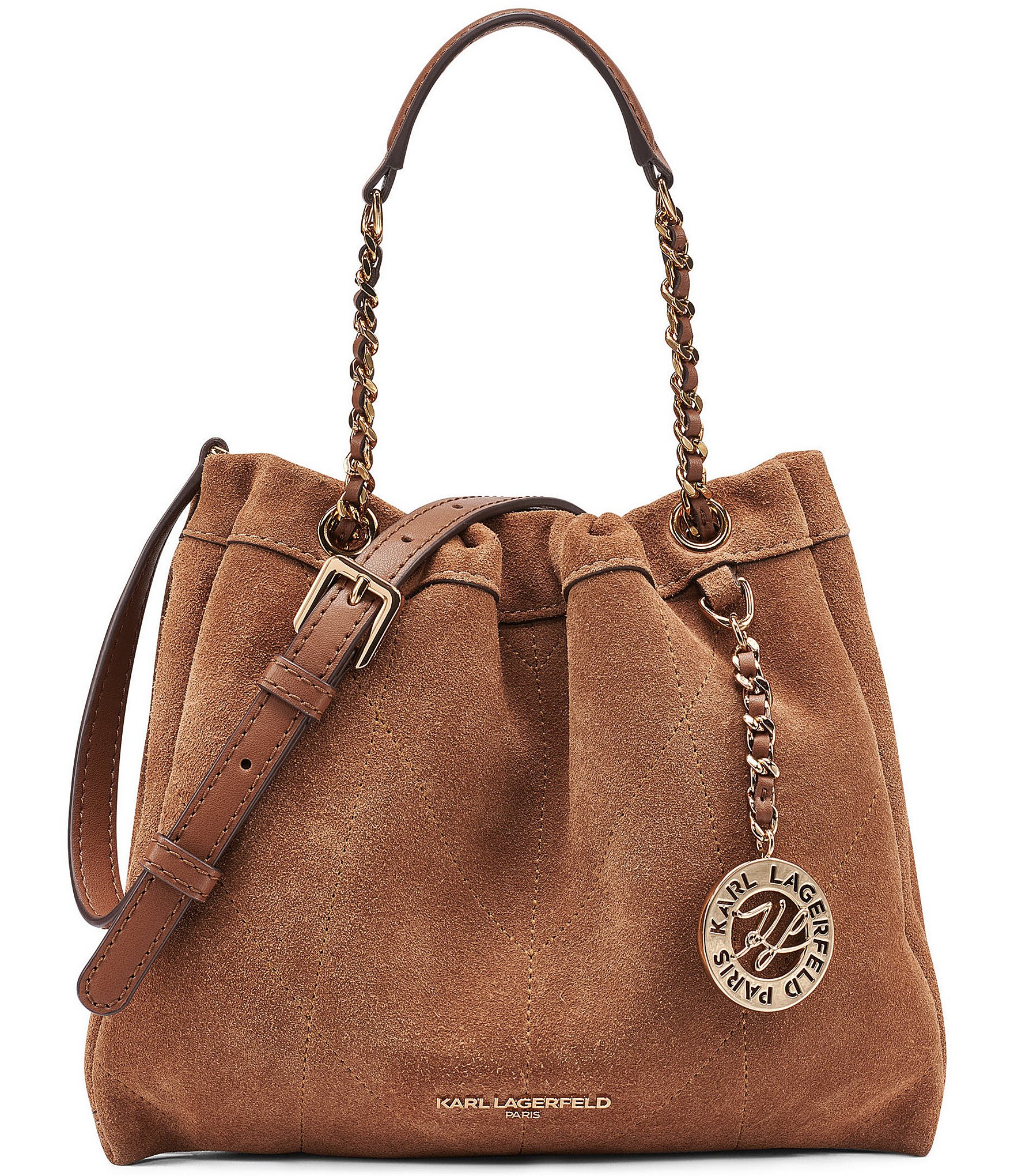 KARL LAGERFELD PARIS Amandine Suede Drawstring Crossbody Bag