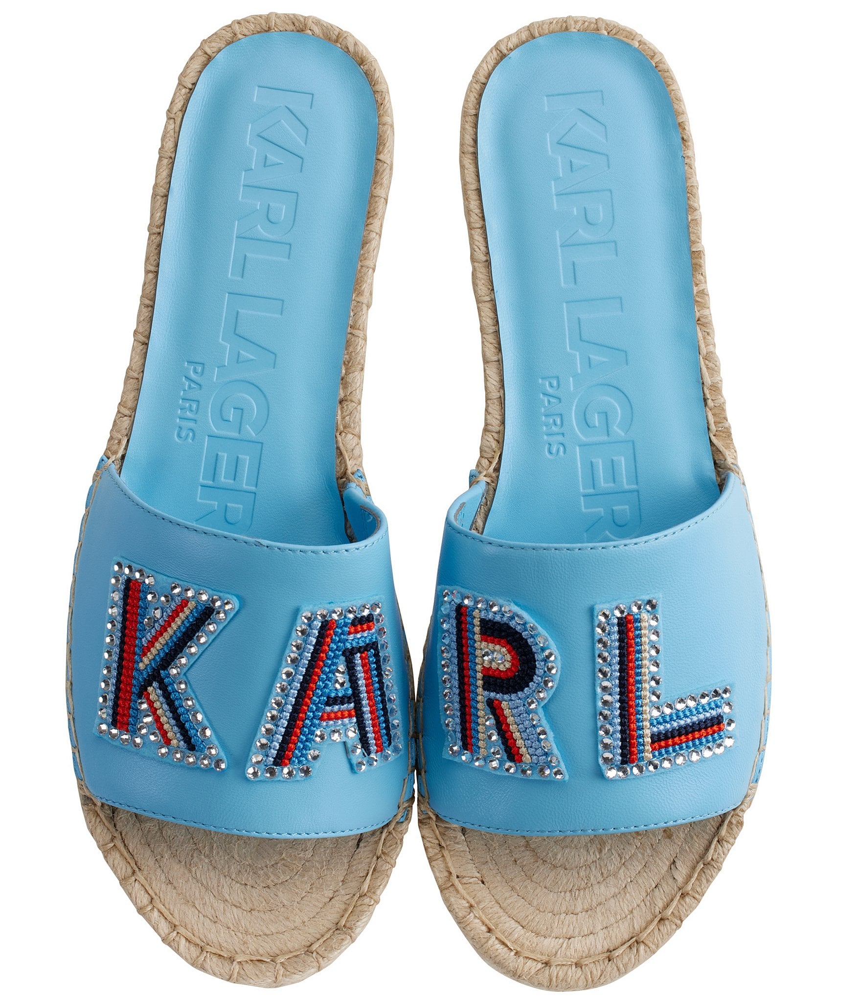 KARL LAGERFELD PARIS Caine Leather Beaded Logo Espadrille Slide Sandals ...