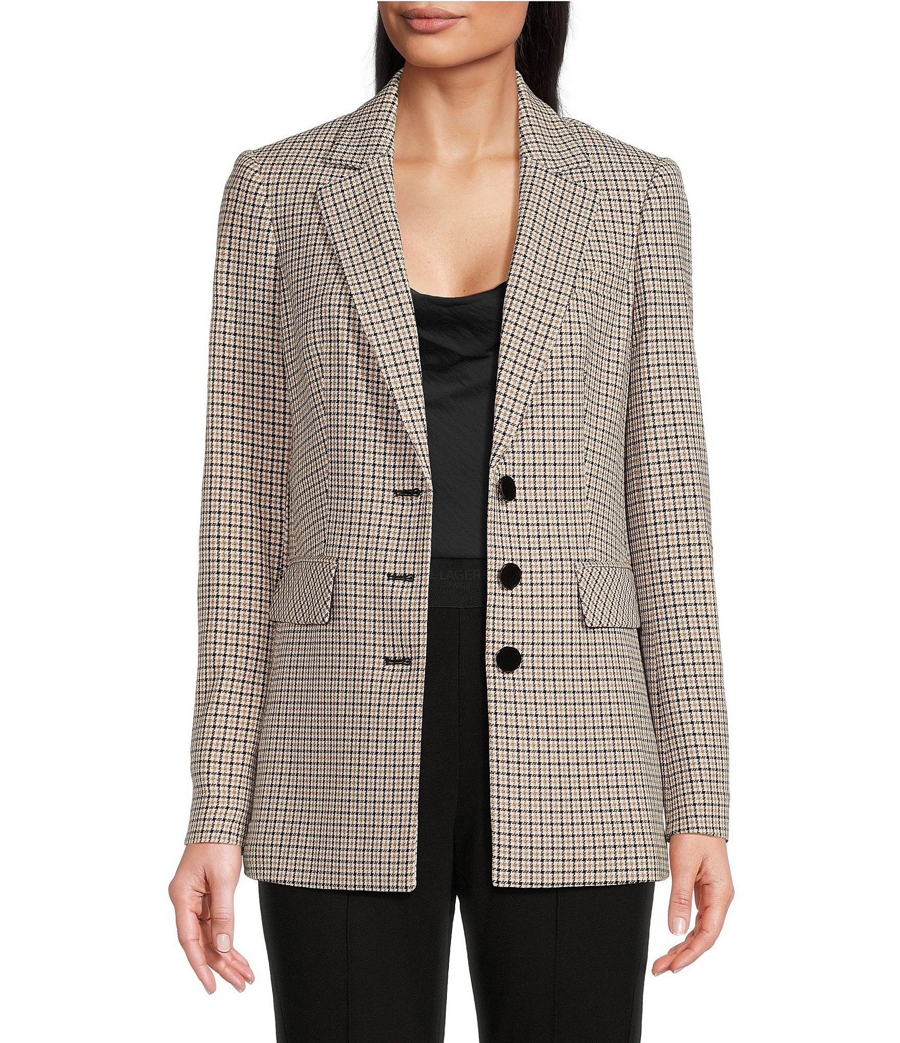 KARL LAGERFELD PARIS Checkered Print Notch Lapel Long Sleeve Two Button ...