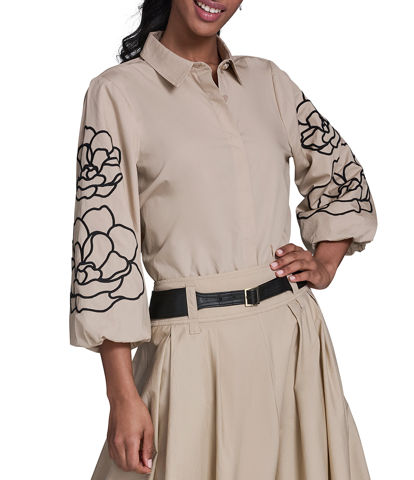 KARL LAGERFELD PARIS Cotton Poplin Point Collar Long Floral Sleeve Button-Front Blouse
