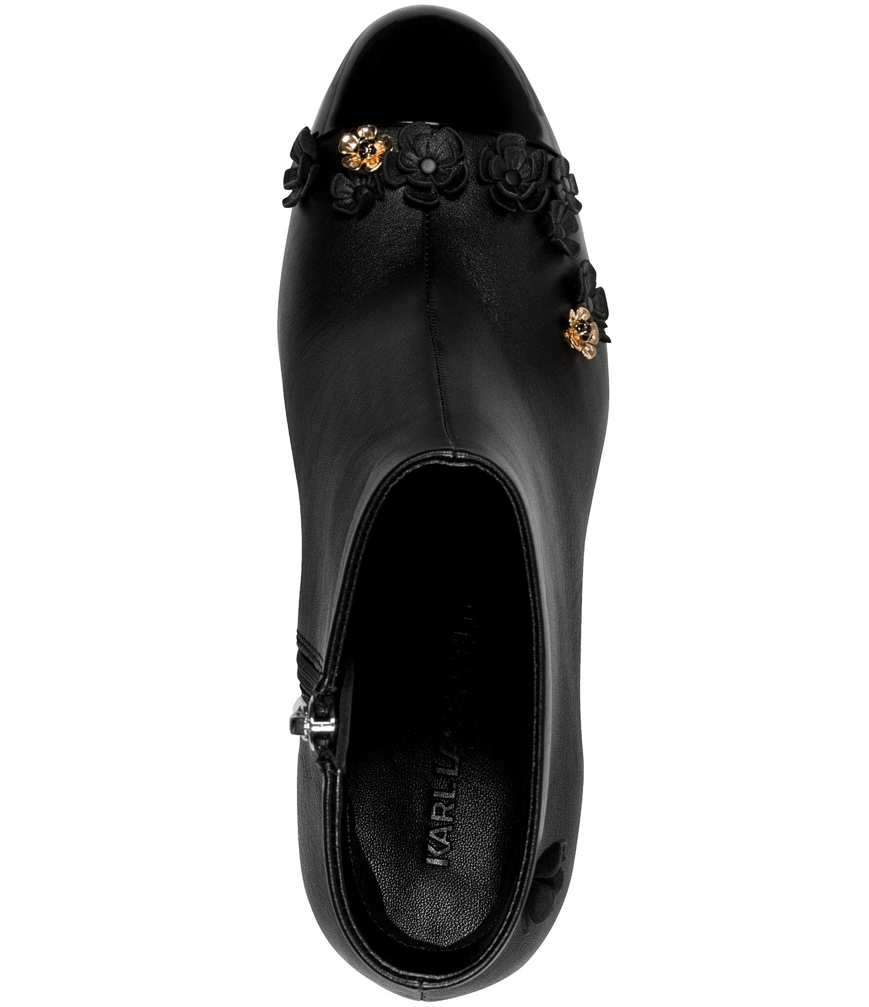 KARL LAGERFELD PARIS Dalyn Fleur Leather Ornamented Block Heel Booties