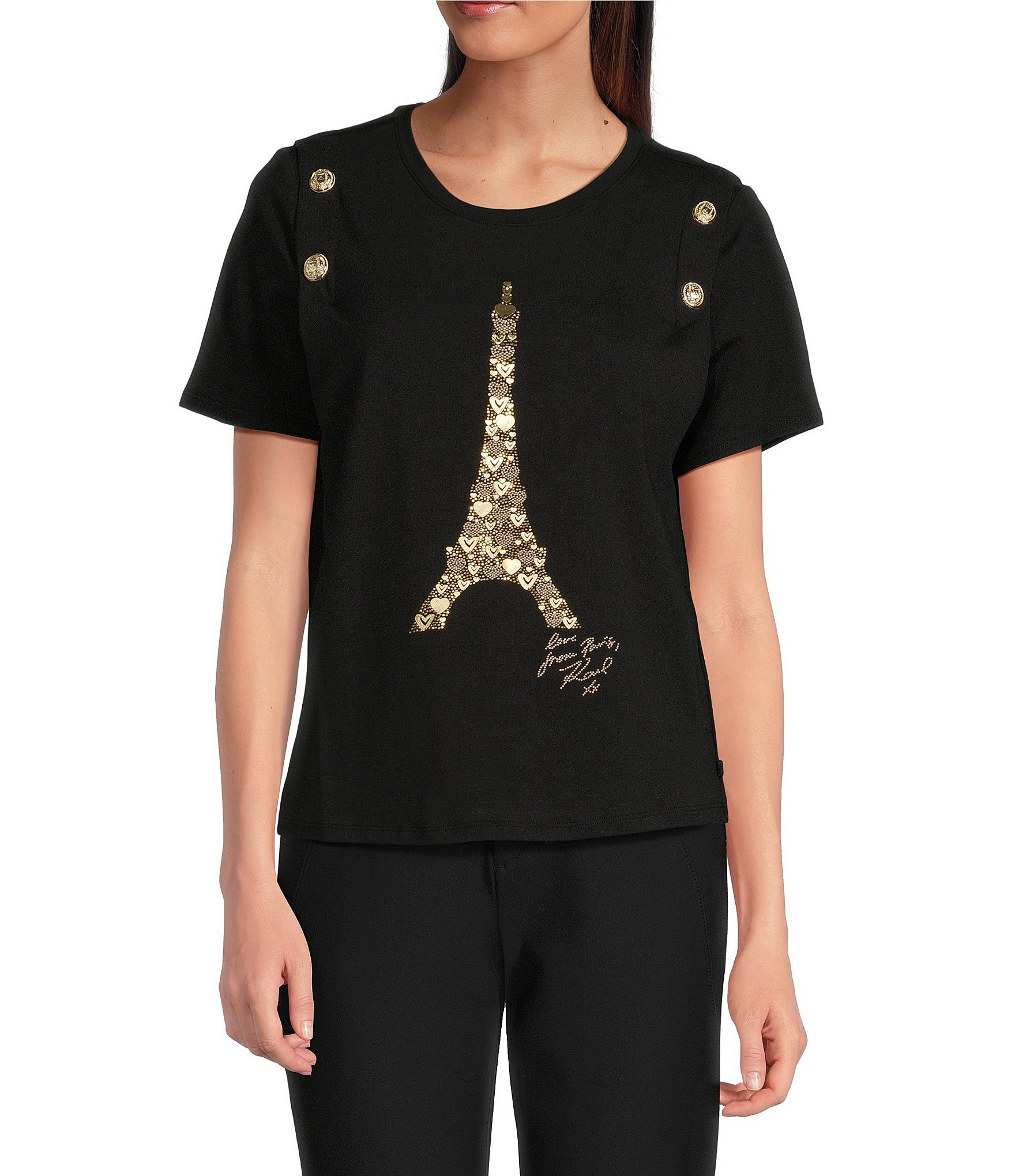 Karl Lagerfeld Paris Eiffel Tower Knit Crew Neck Short Sleeve Tee Shirt Womens M Black