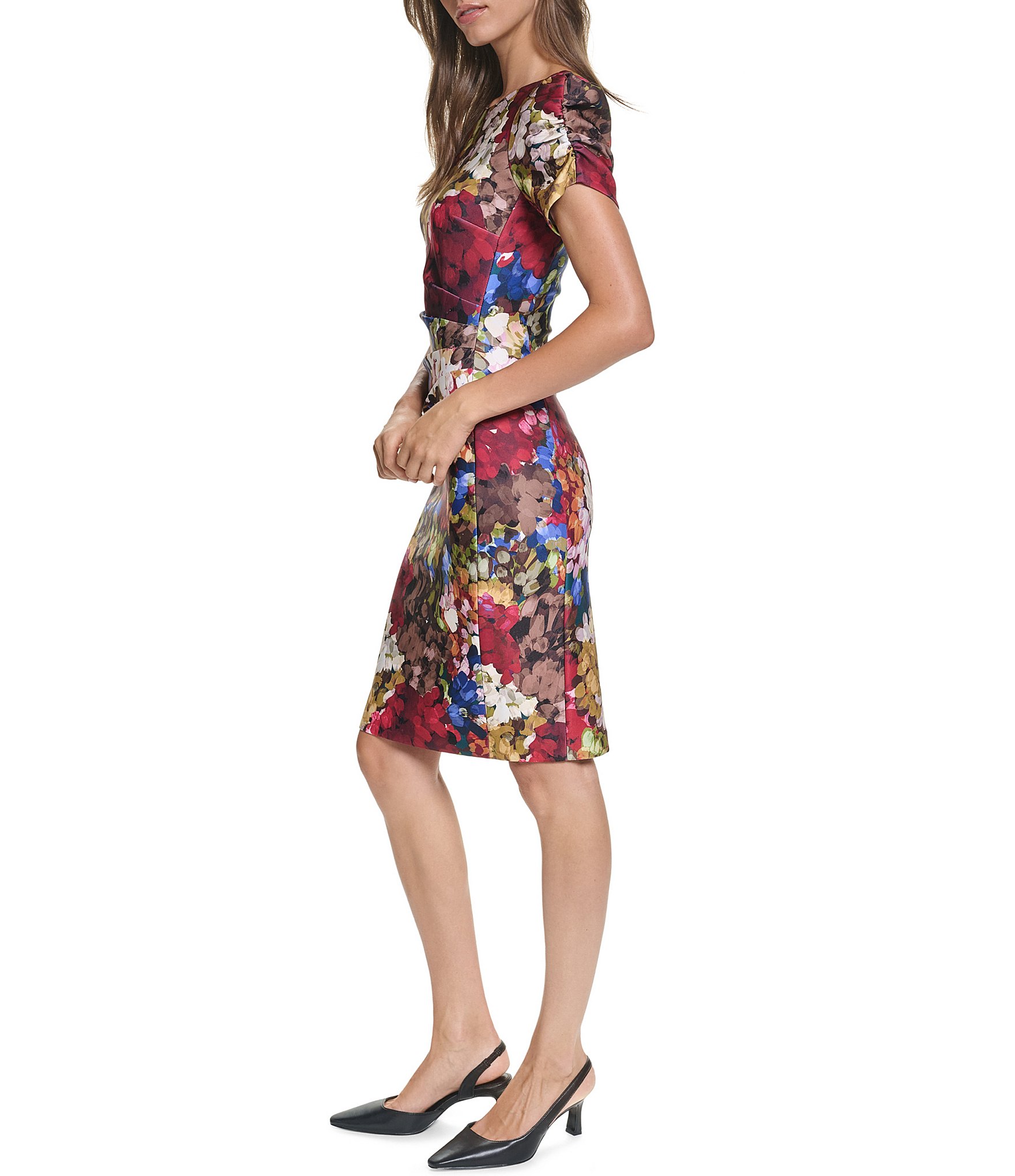 KARL LAGERFELD PARIS Floral Print Short Sleeve Crew Neck Scuba Dress
