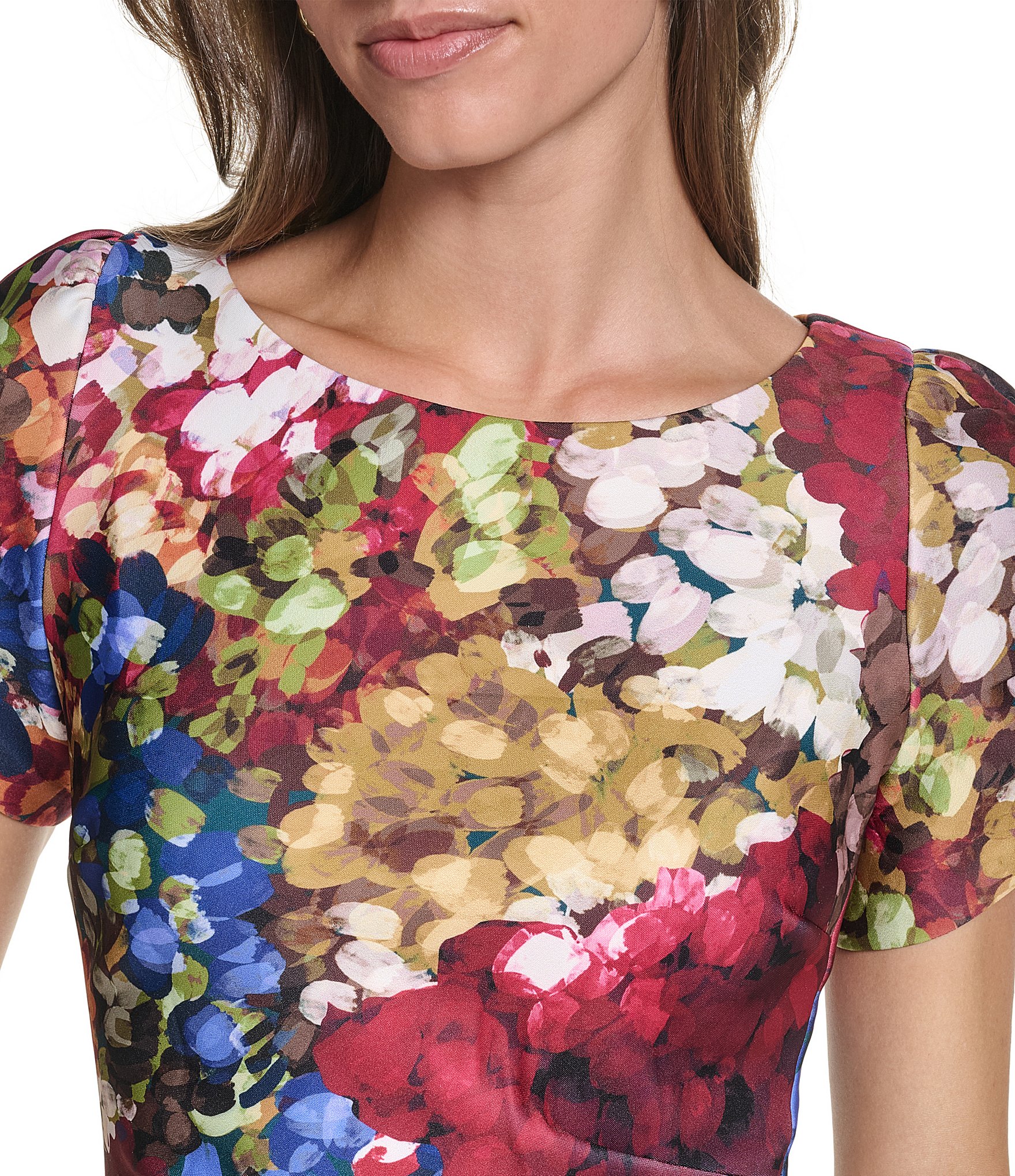 KARL LAGERFELD PARIS Floral Print Short Sleeve Crew Neck Scuba Dress