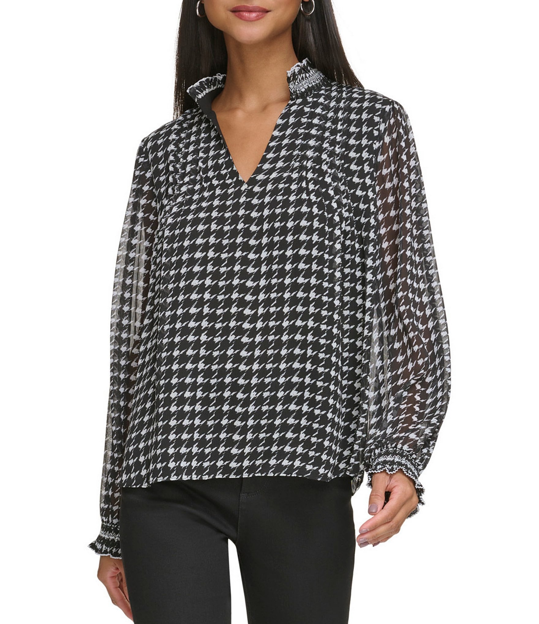 KARL LAGERFELD PARIS Houndstooth Print Collared V-Neck Long Sleeve Pleated  Blouse | Dillard's