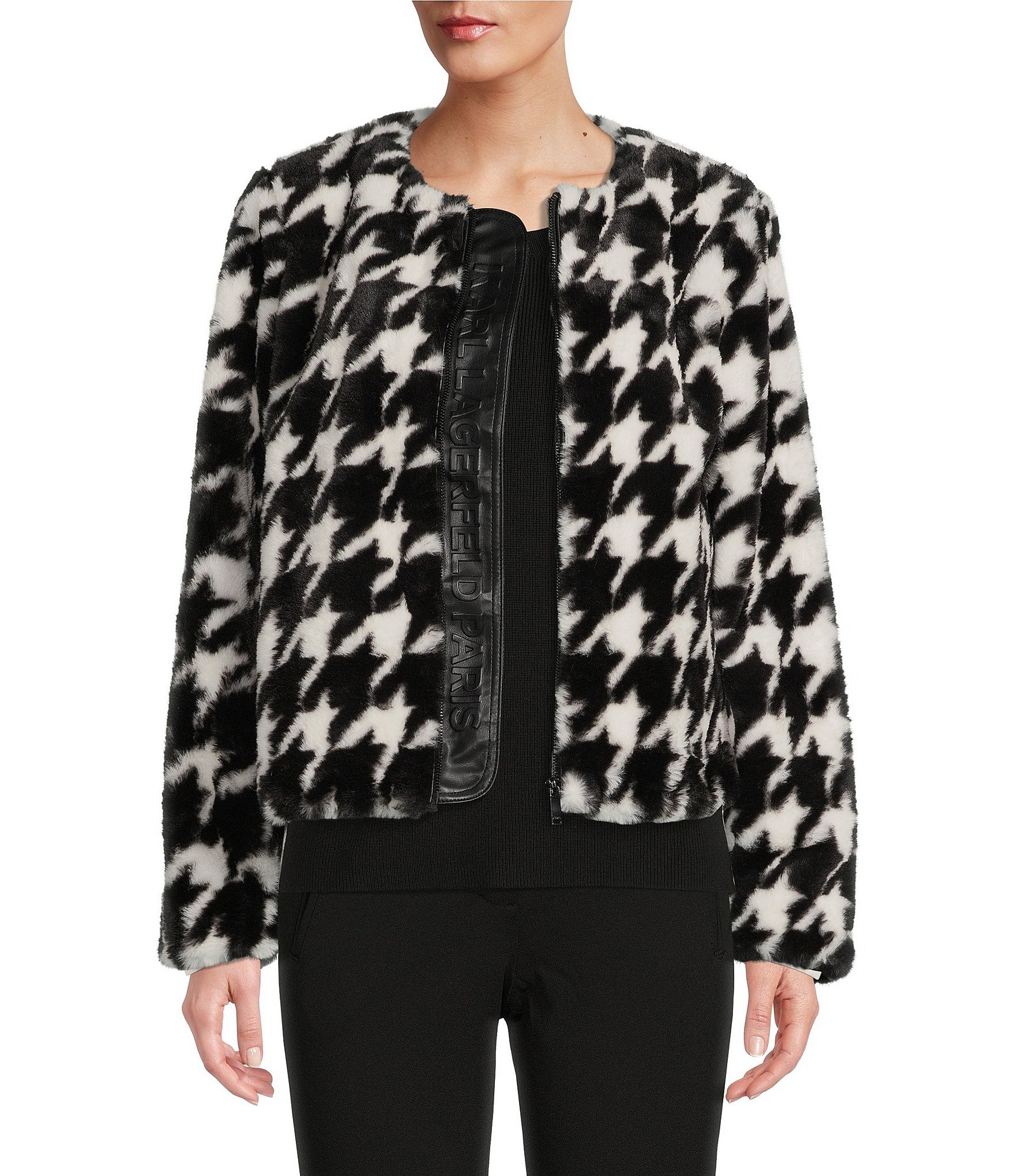 Louis Feraud Womens Houndstooth Jacquard Standing Collar Jacket Black Size 8