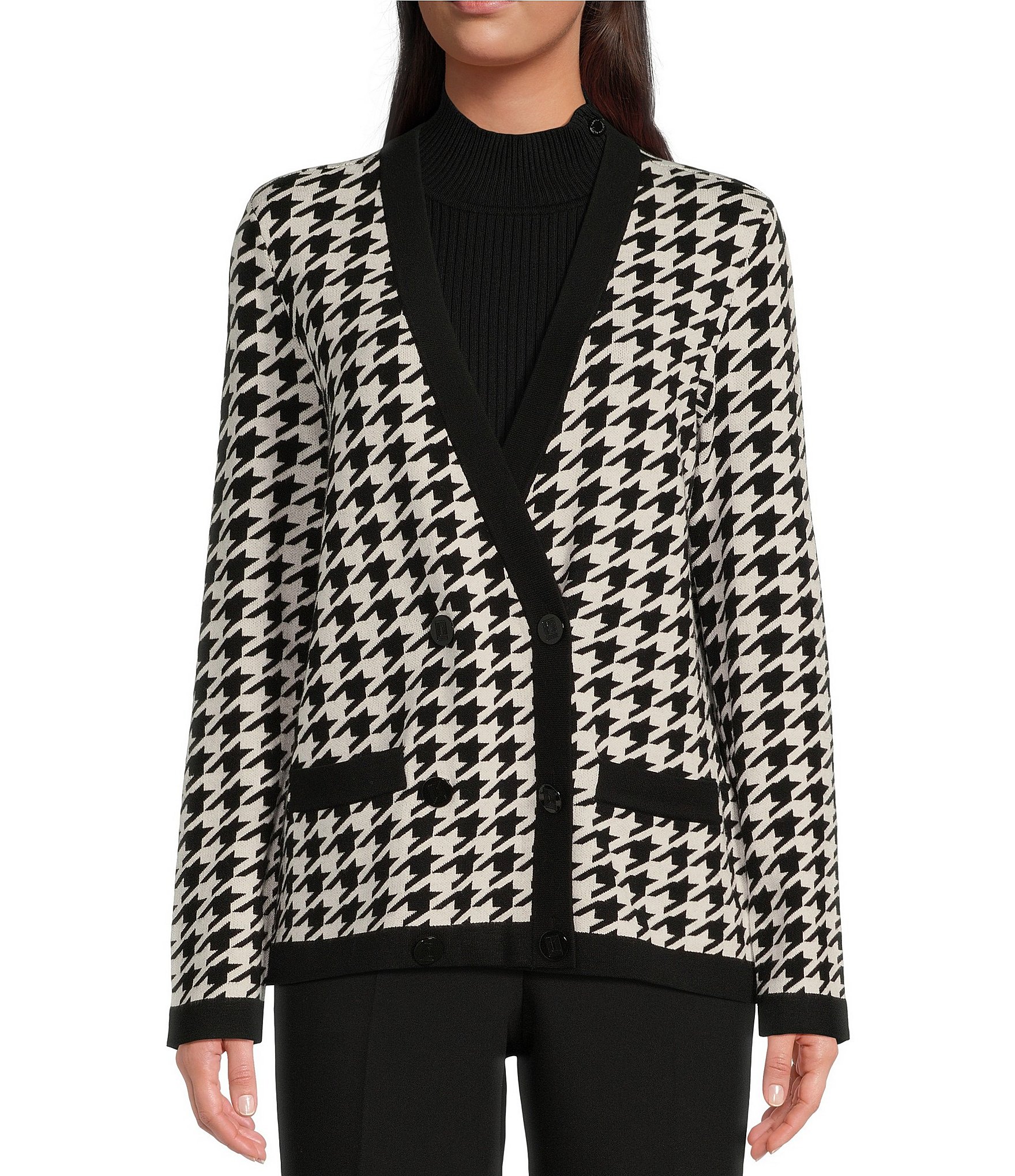 KARL LAGERFELD PARIS Houndstooth V-Neck Long Sleeve Contrast Piping ...