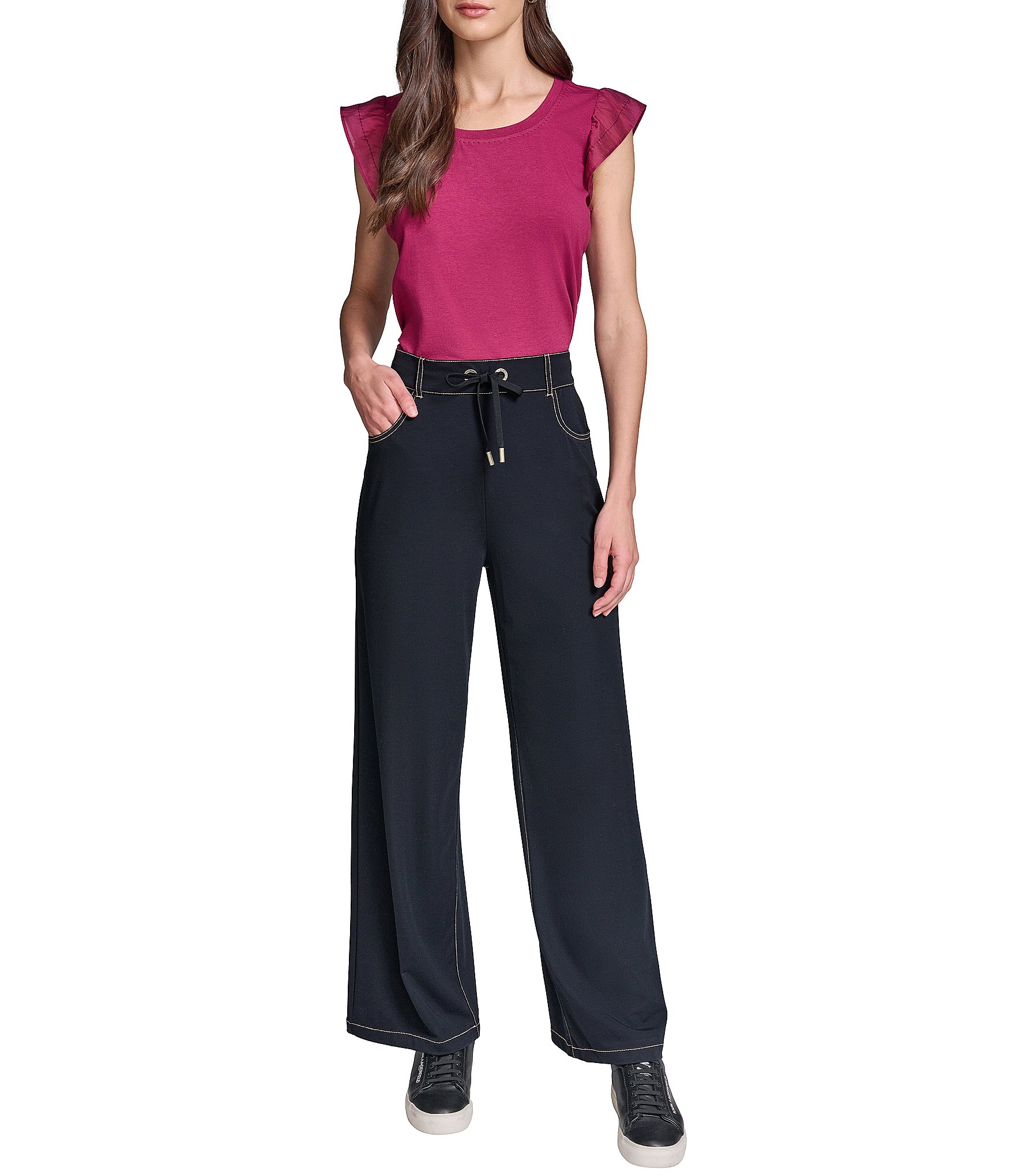 KARL LAGERFELD PARIS Knit Refined Jersey Flat Front Wide Leg Drawstring Front Pants