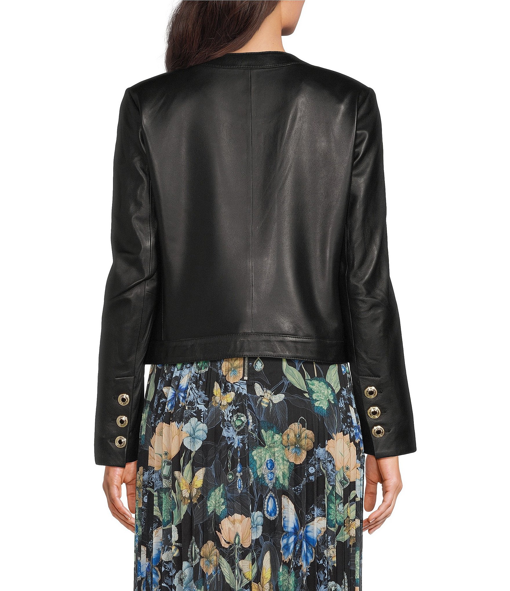 KARL LAGERFELD PARIS Leather Crew Neck Long Sleeve Jacket