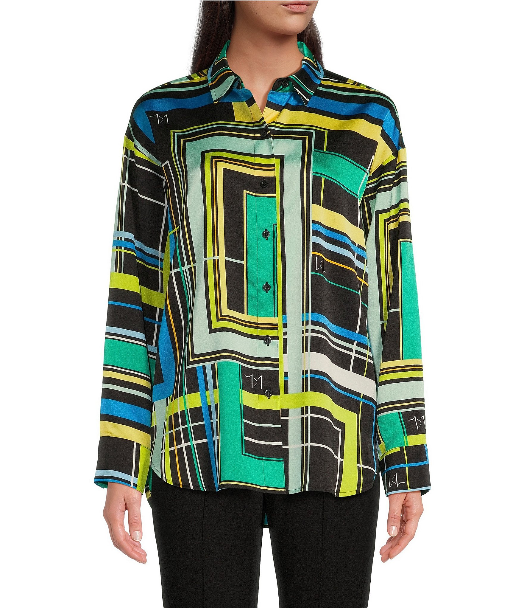 KARL LAGERFELD PARIS Printed Collared Neckline Long Sleeve Blouse |  Dillard's