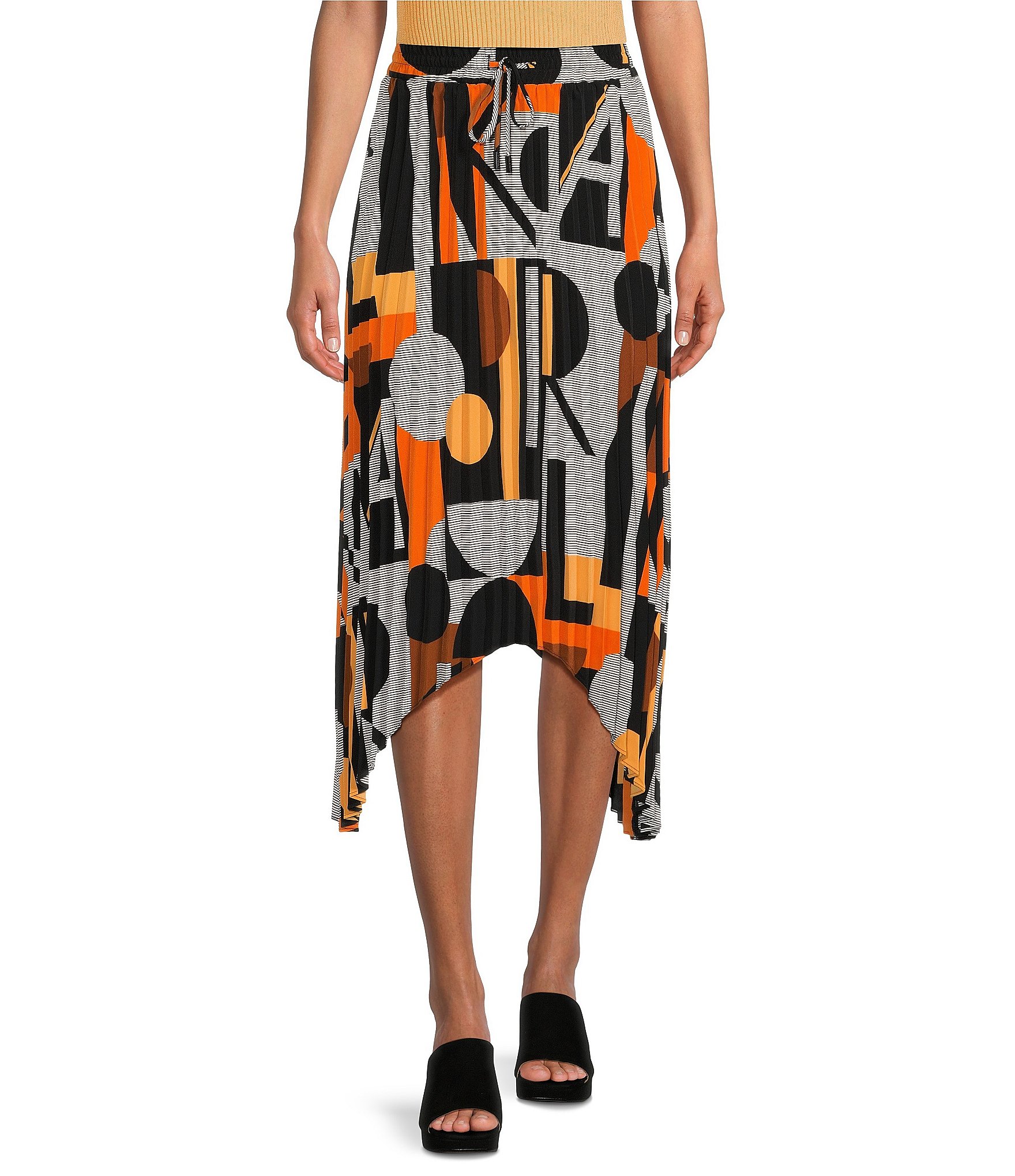 KARL LAGERFELD PARIS Printed Geometric Pattern Knife Pleated Asymmetrical  Hem Pull-On Skirt